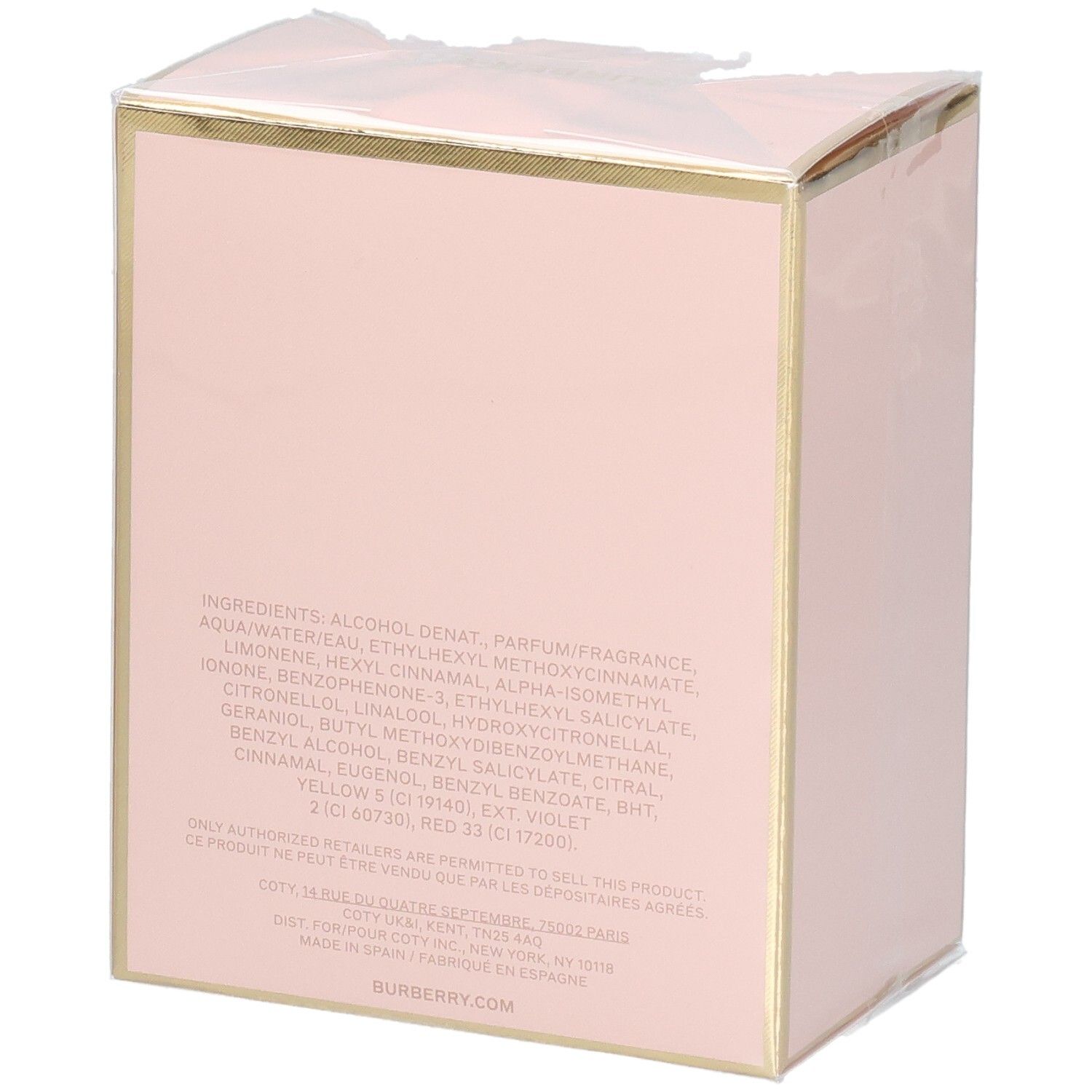 Rückseite der rosa Verpackung von My Burberry Blush Eau de Parfum mit Inhaltsstoffangaben.