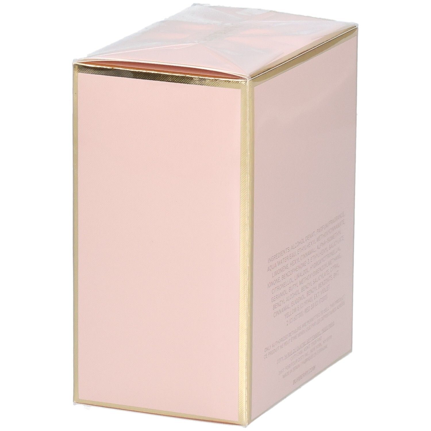 Seitenansicht der rosa Verpackung von My Burberry Blush Eau de Parfum mit goldenen Kanten.