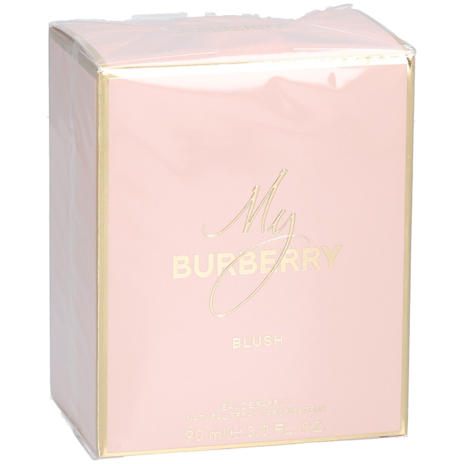Rosa Verpackung von My Burberry Blush Eau de Parfum mit goldenen Details und Schriftzug.