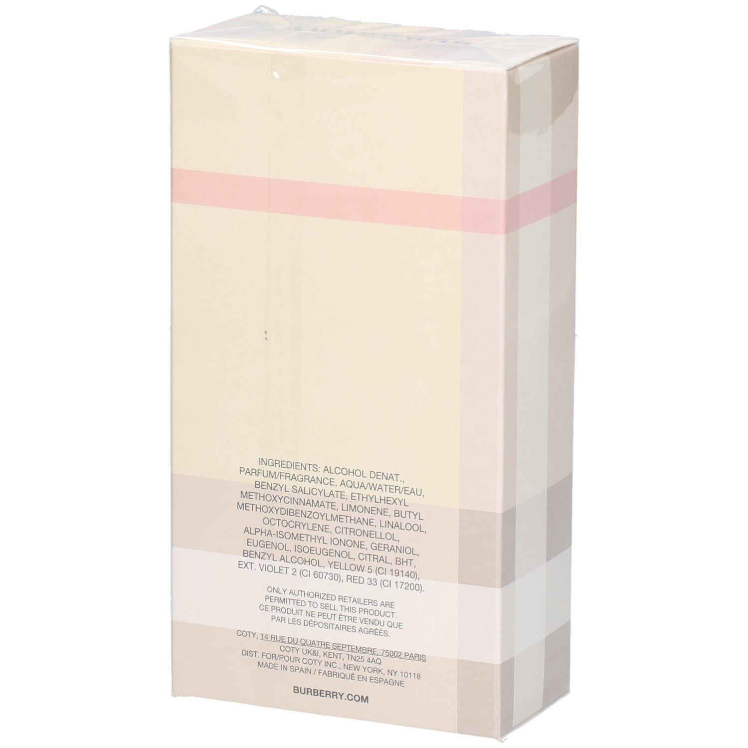 Rückseite der Verpackung von Burberry London Eau de Parfum für Damen mit Inhaltsstoffen.