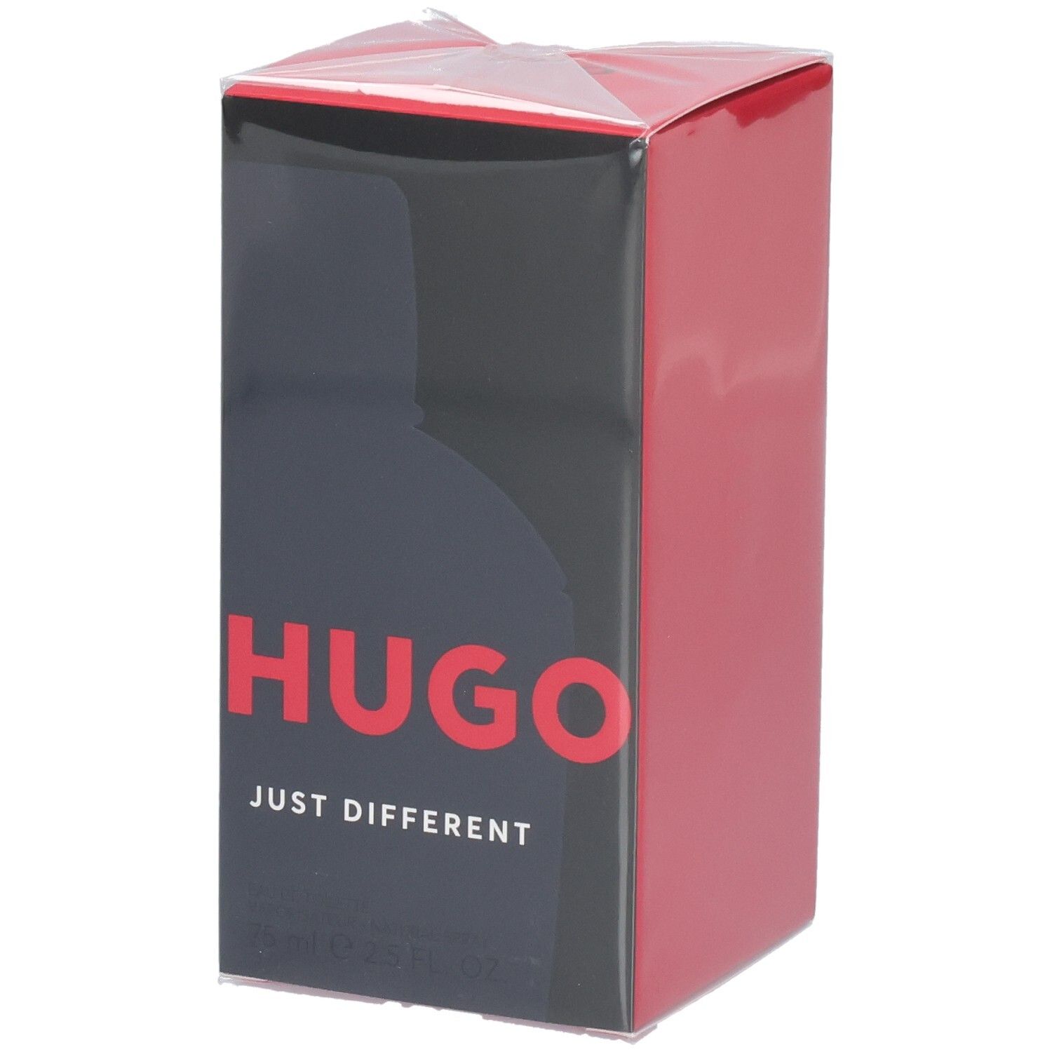 Hugo Boss Just Different Eau de Toilette Kartonverpackung, Vorderseite mit rotem und schwarzem Design.