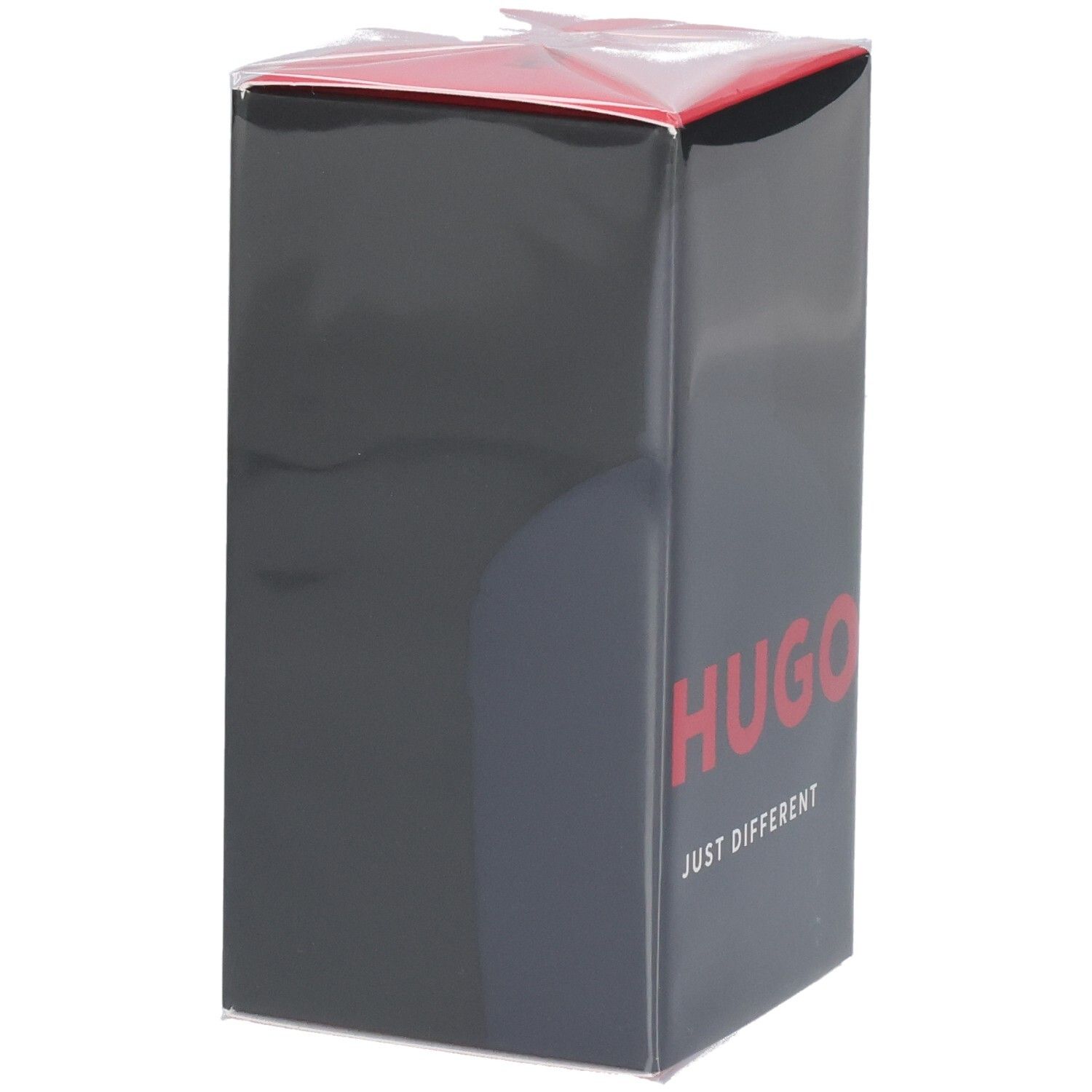 Hugo Boss Just Different Eau de Toilette Kartonverpackung, Seite mit schwarzem Design und rotem Schriftzug.