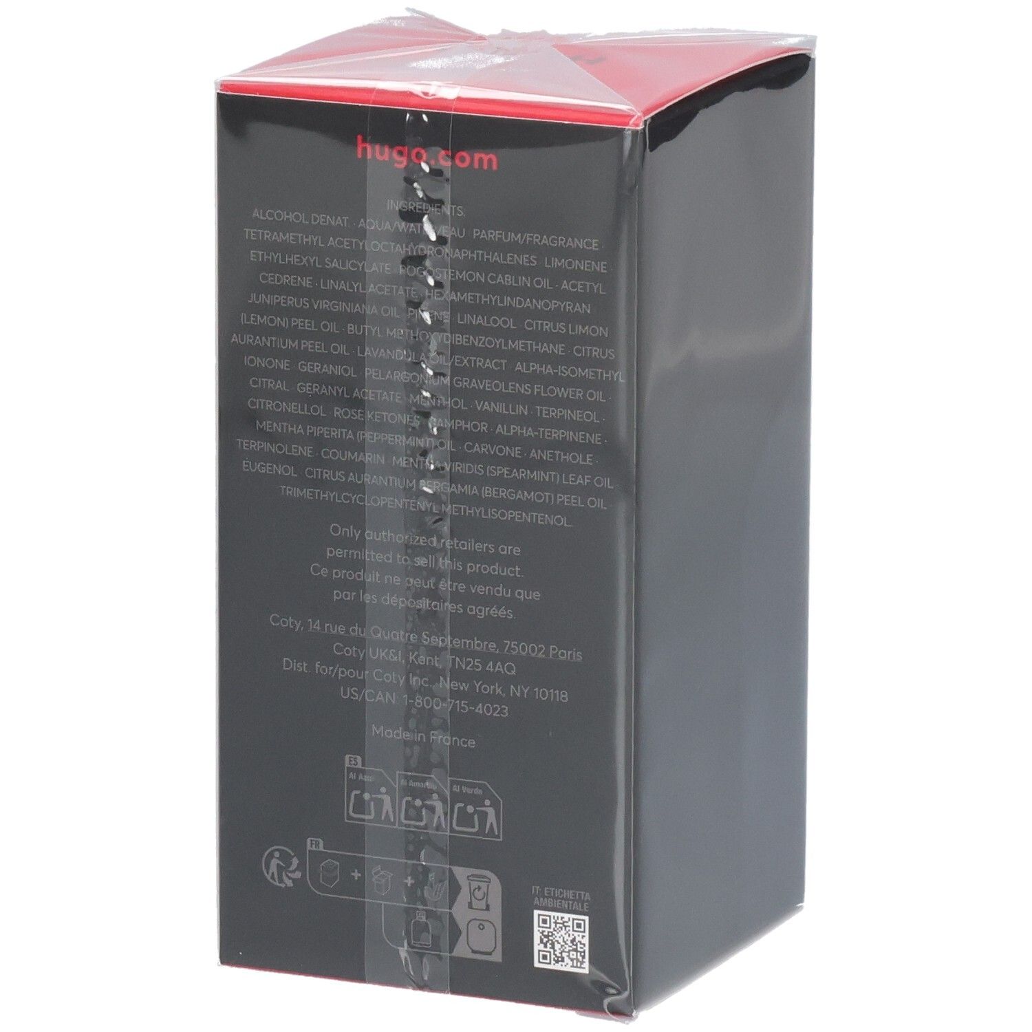 Hugo Boss Just Different Eau de Toilette Kartonverpackung, Rückseite mit Inhaltsstoffen und Hinweisen.