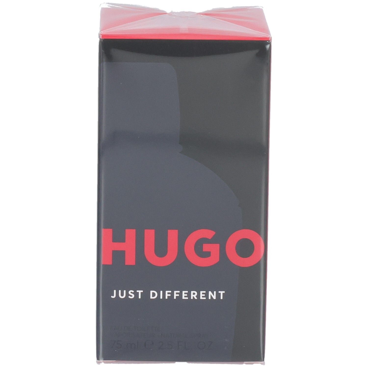 Hugo Boss Just Different Eau de Toilette Kartonverpackung, Vorderseite mit schwarzem Hintergrund und Schriftzug.