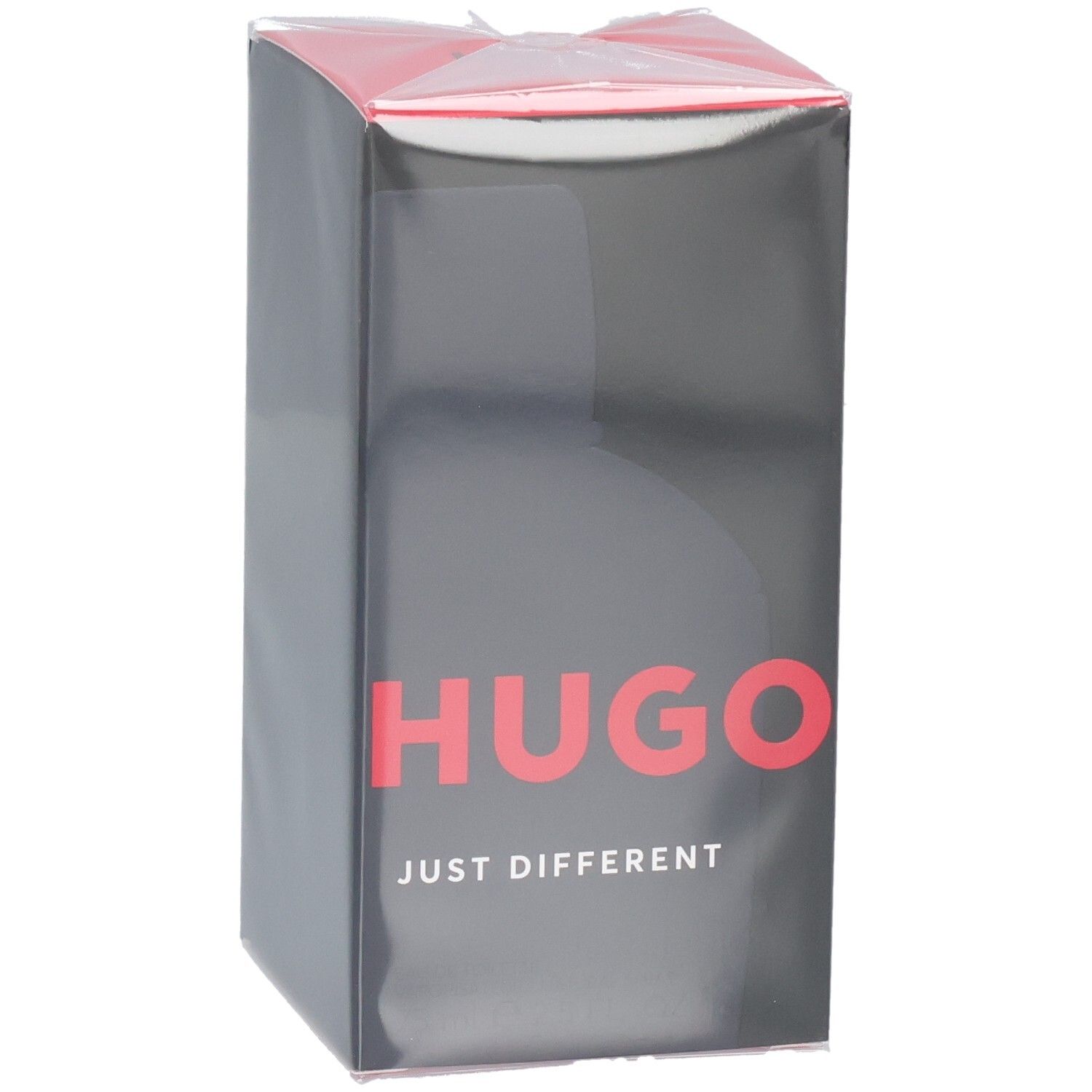 Hugo Boss Just Different Eau de Toilette Kartonverpackung, Seite mit schwarzem Design und rotem Schriftzug.