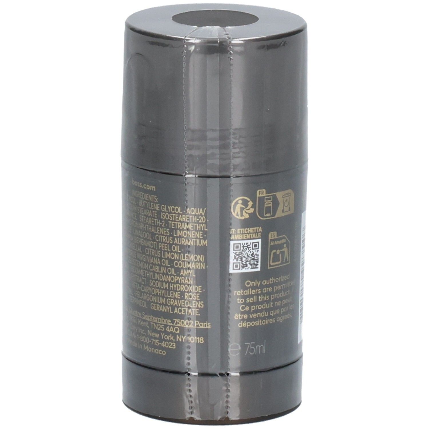 Hugo Boss The Scent Deodorant Stick, Rückseite mit Inhaltsstoffen und QR-Code, 75ml.