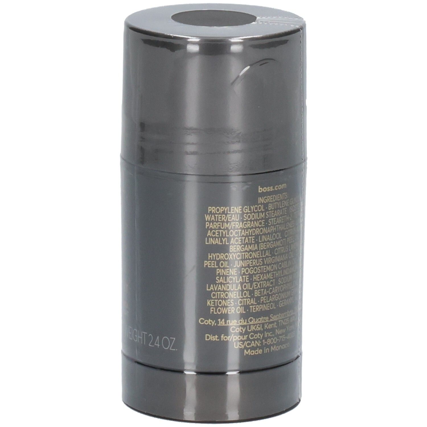 Seite des Hugo Boss The Scent Deodorant Sticks mit Inhaltsstoffliste und boss.com.