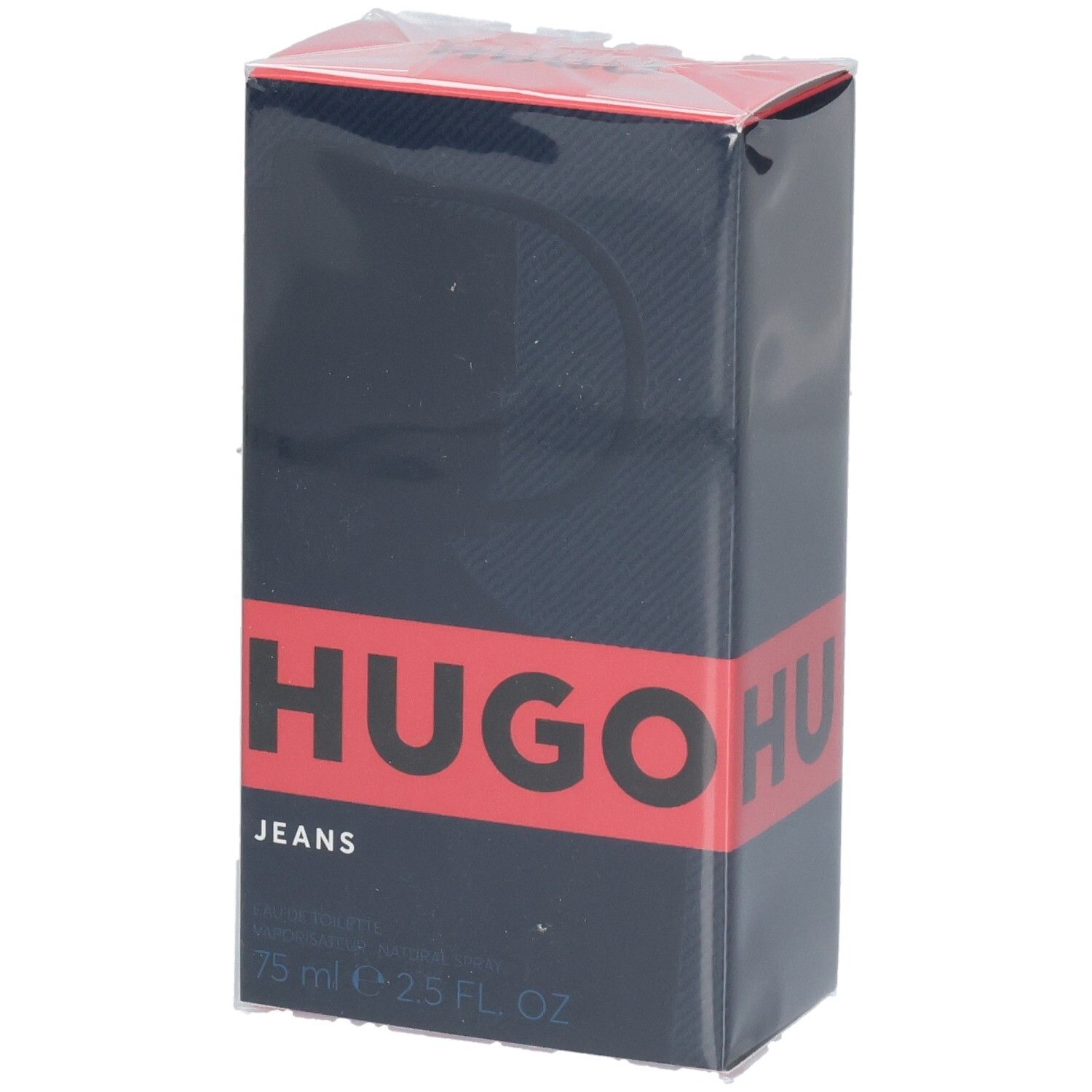 Hugo Jeans Eau de Toilette Kartonverpackung, dunkelblau mit rotem Band und Schriftzug.
