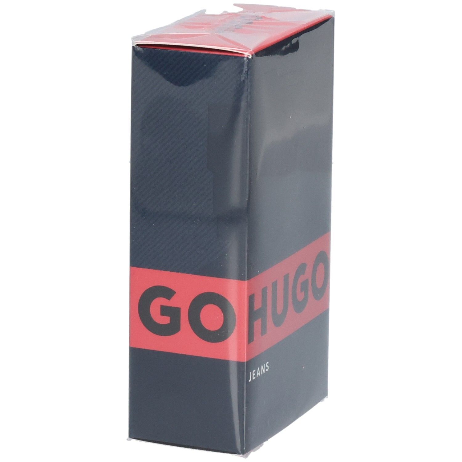 Hugo Jeans Eau de Toilette Kartonverpackung, Seitenansicht mit rotem Band und Schriftzug.