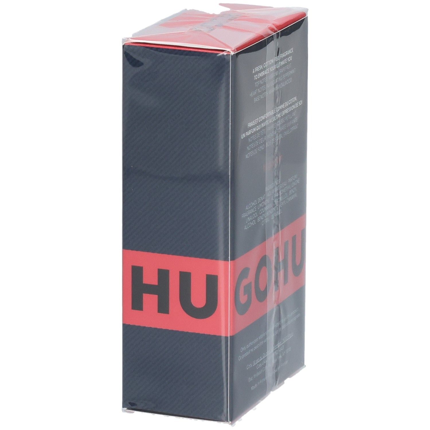 Hugo Jeans Eau de Toilette Kartonverpackung, Ansicht von schräg hinten mit rotem Band.