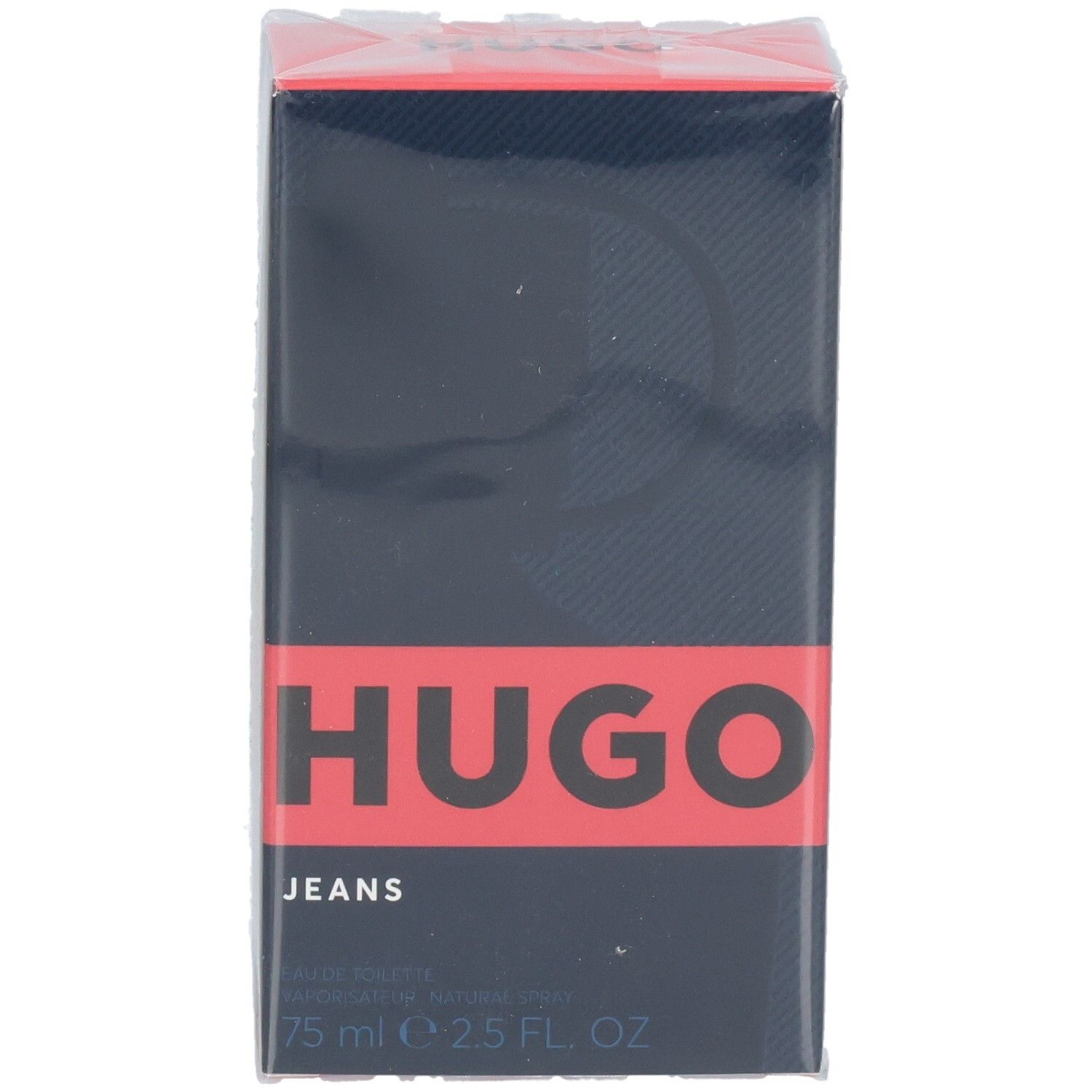 Vorderseite der Hugo Jeans Eau de Toilette Verpackung, dunkelblau mit rotem Band und Schriftzug.