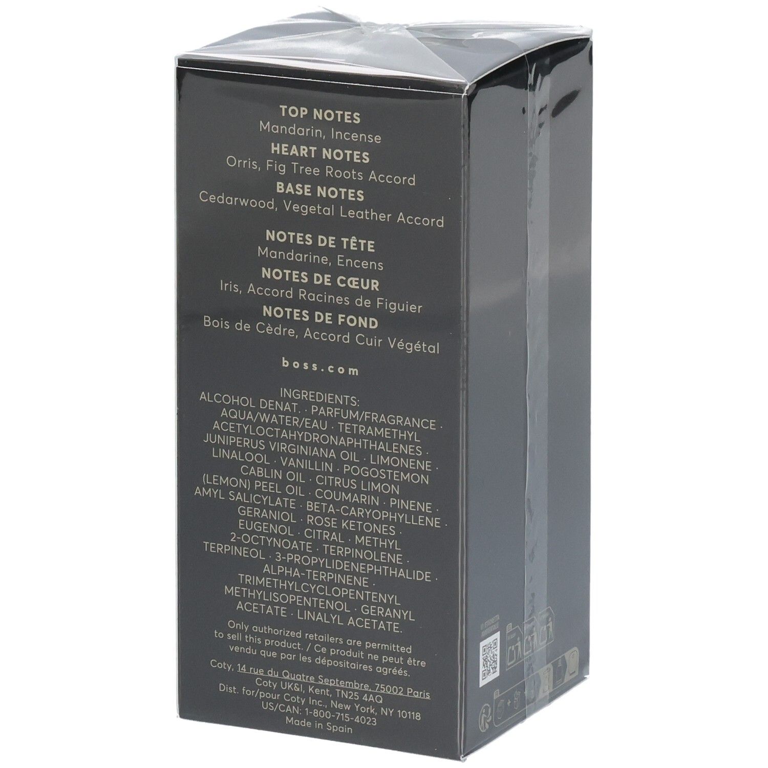 Seite der Hugo Boss Bottled Parfum Box mit Duftnoten und Inhaltsstoffen.