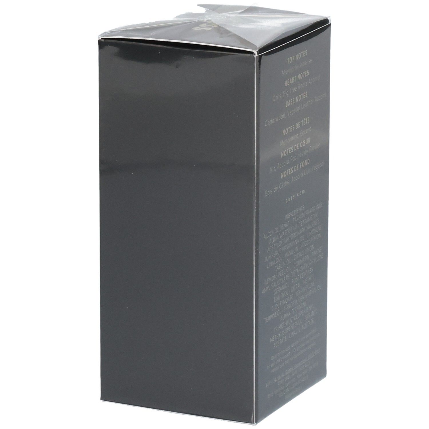 Seite der Hugo Boss Bottled Parfum Box mit Duftnoten und Inhaltsstoffen.