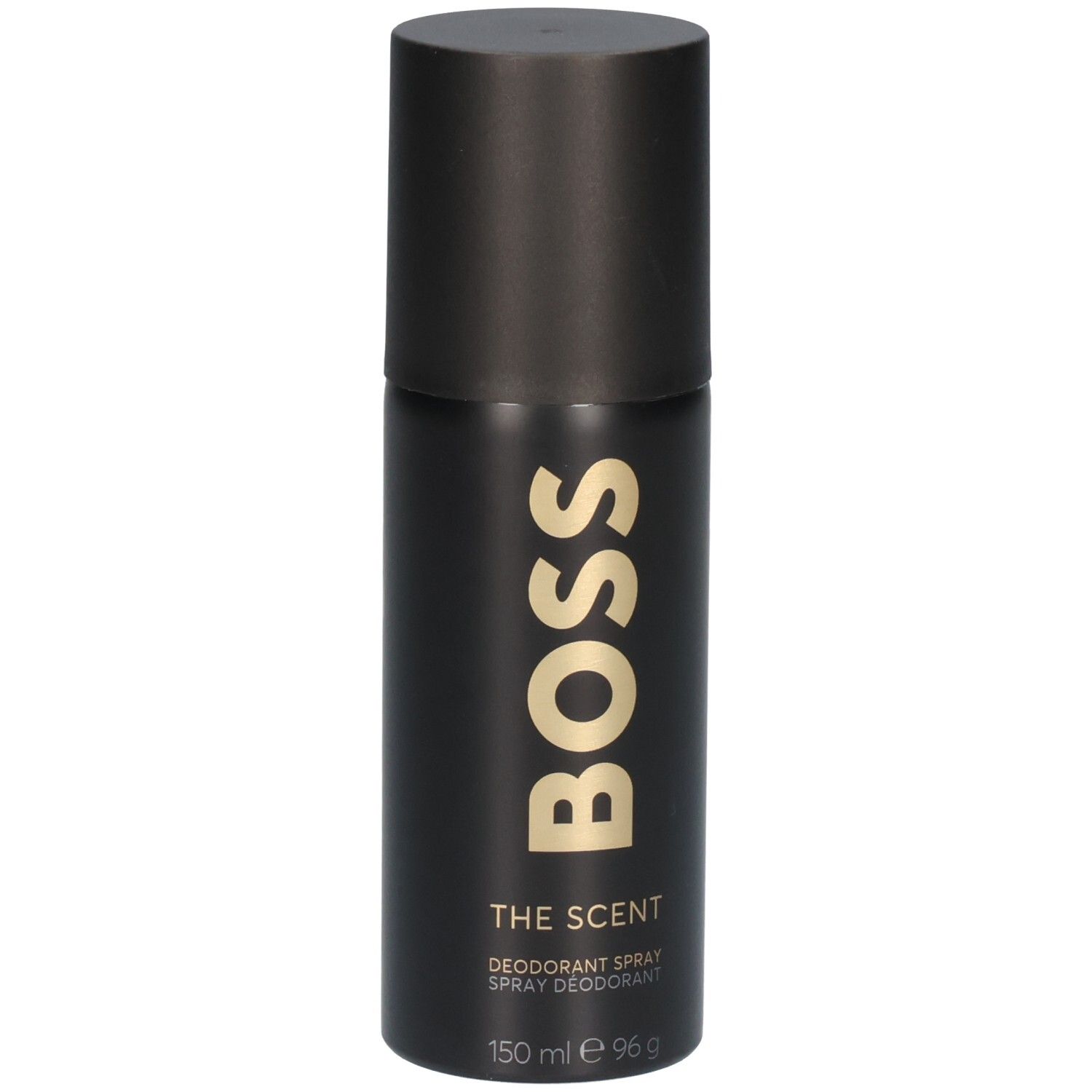 Schwarzer Deospray-Flakon mit goldener "BOSS THE SCENT"-Aufschrift und schwarzem Deckel.