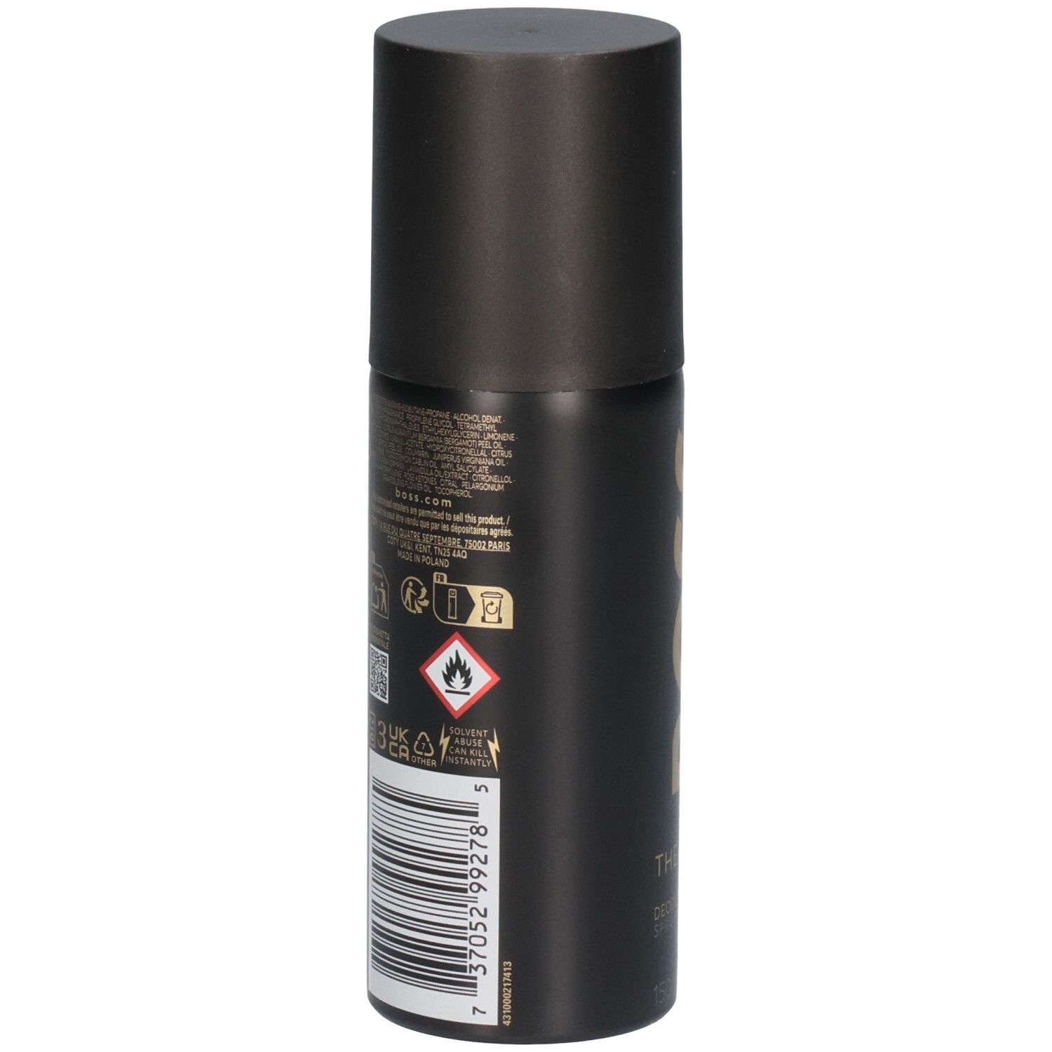 Rückseite eines schwarzen Deospray-Flakons mit Warnsymbolen und Barcode.