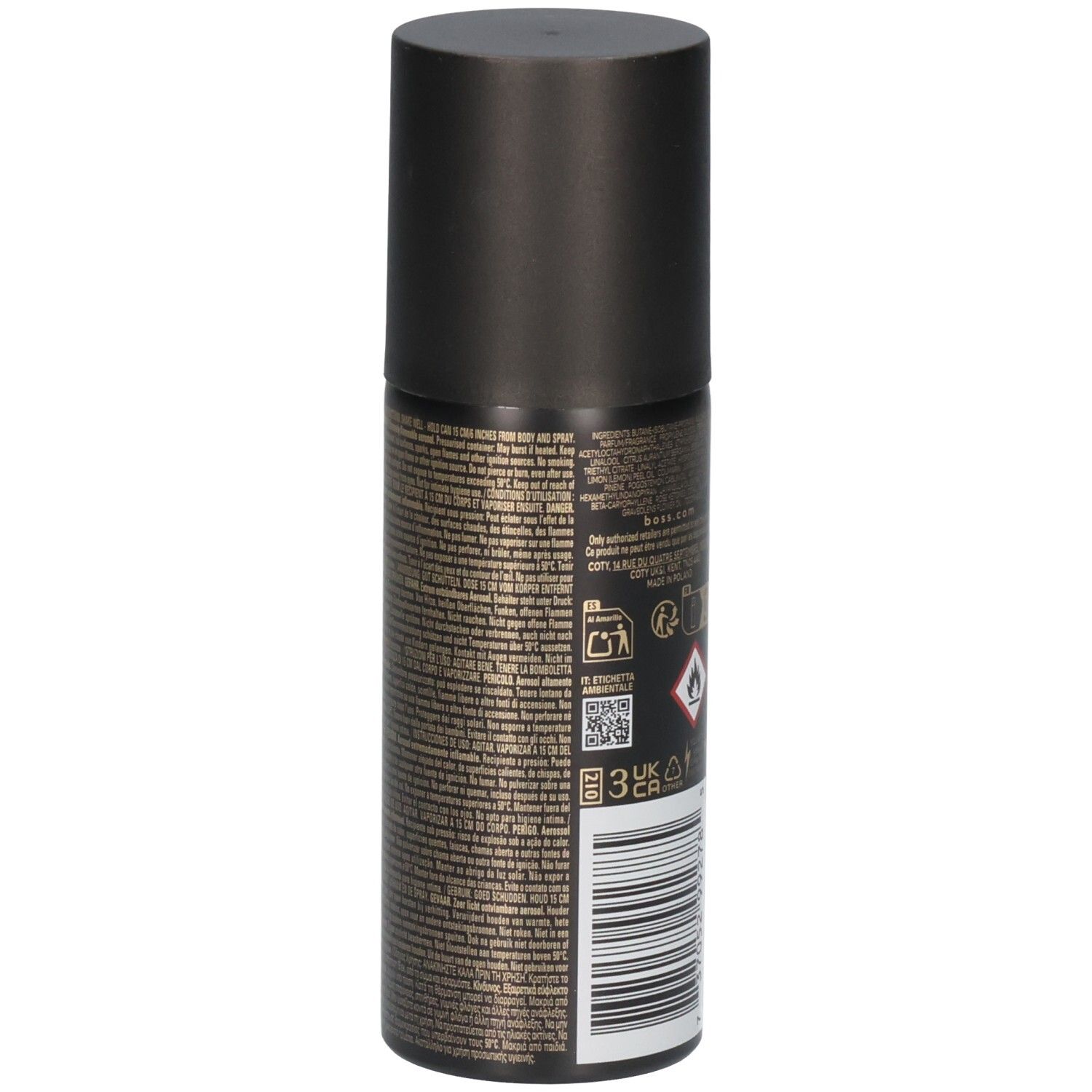 Seite eines schwarzen Deospray-Flakons mit detaillierten Produktinformationen und Barcode.
