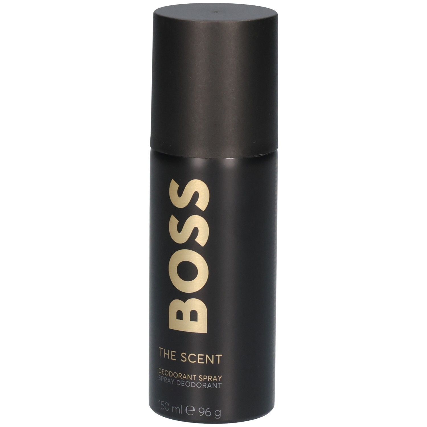 Schwarzer Deospray-Flakon mit goldener "BOSS THE SCENT"-Aufschrift und schwarzem Deckel.