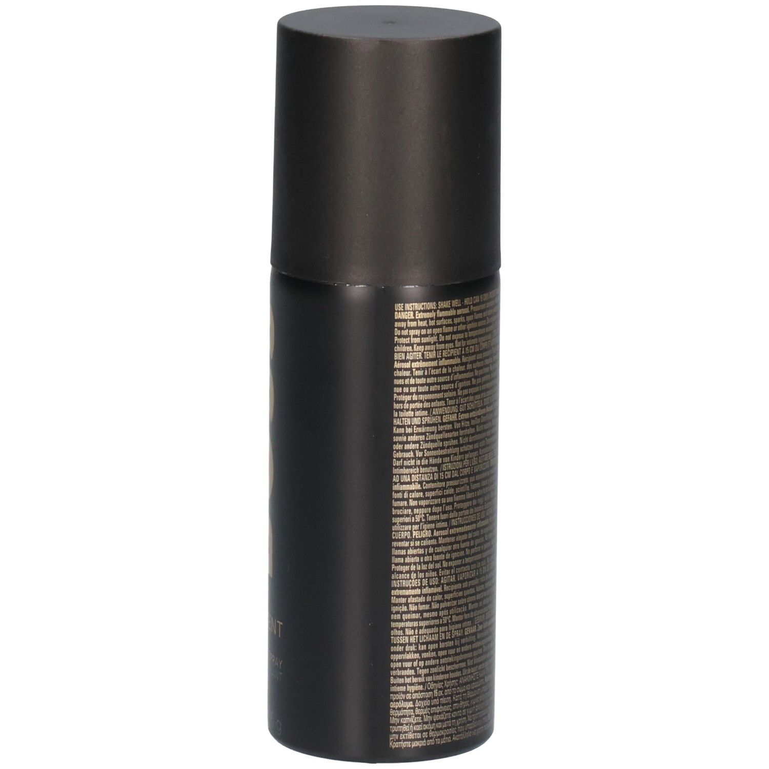 Seite eines schwarzen Deospray-Flakons mit feinem Text und Barcode.