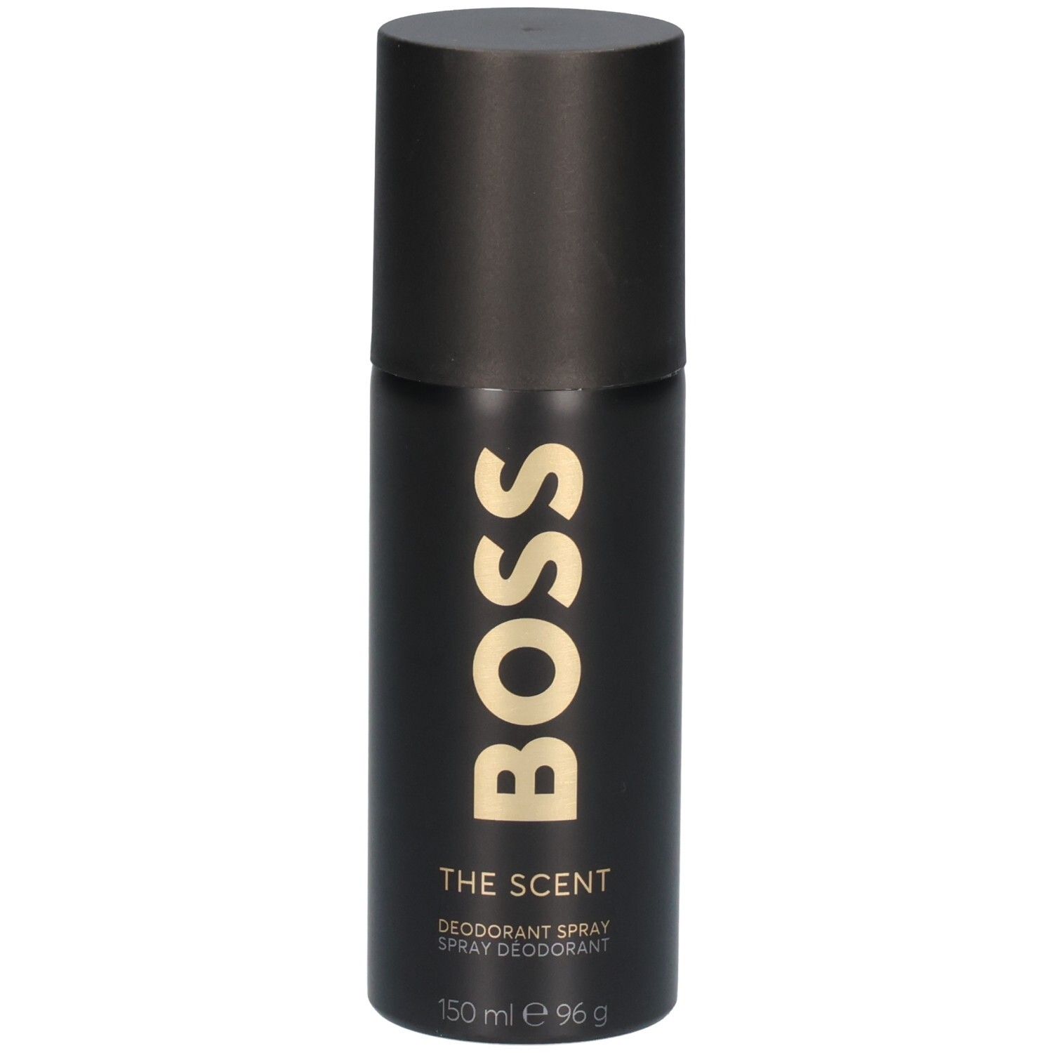 Schwarzer Deospray-Flakon mit goldener "BOSS THE SCENT"-Aufschrift und schwarzem Deckel.
