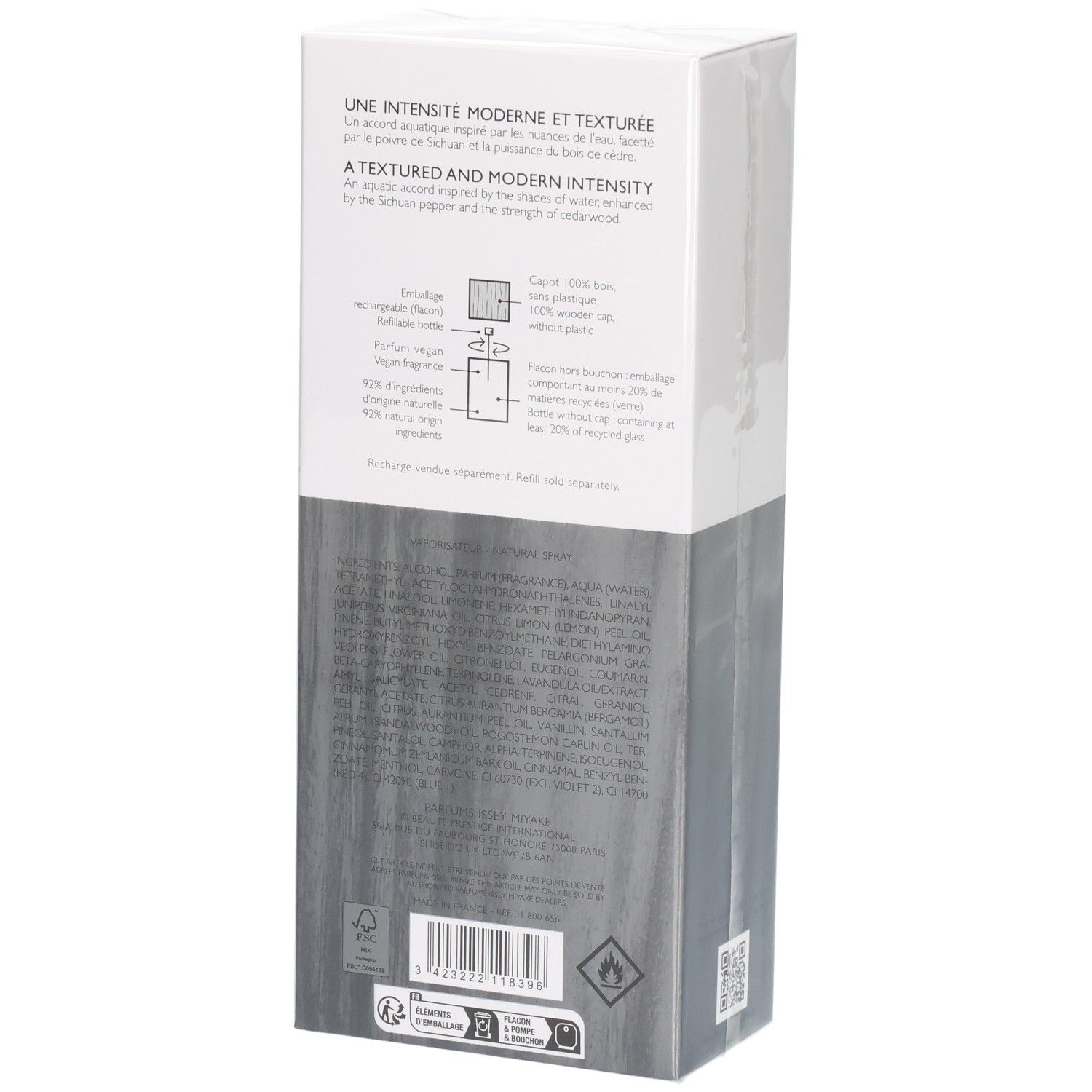 Rückseite der Issey Miyake L'Eau d'Issey Pour Homme Eau de Parfum Geschenkbox mit Produktinformationen.