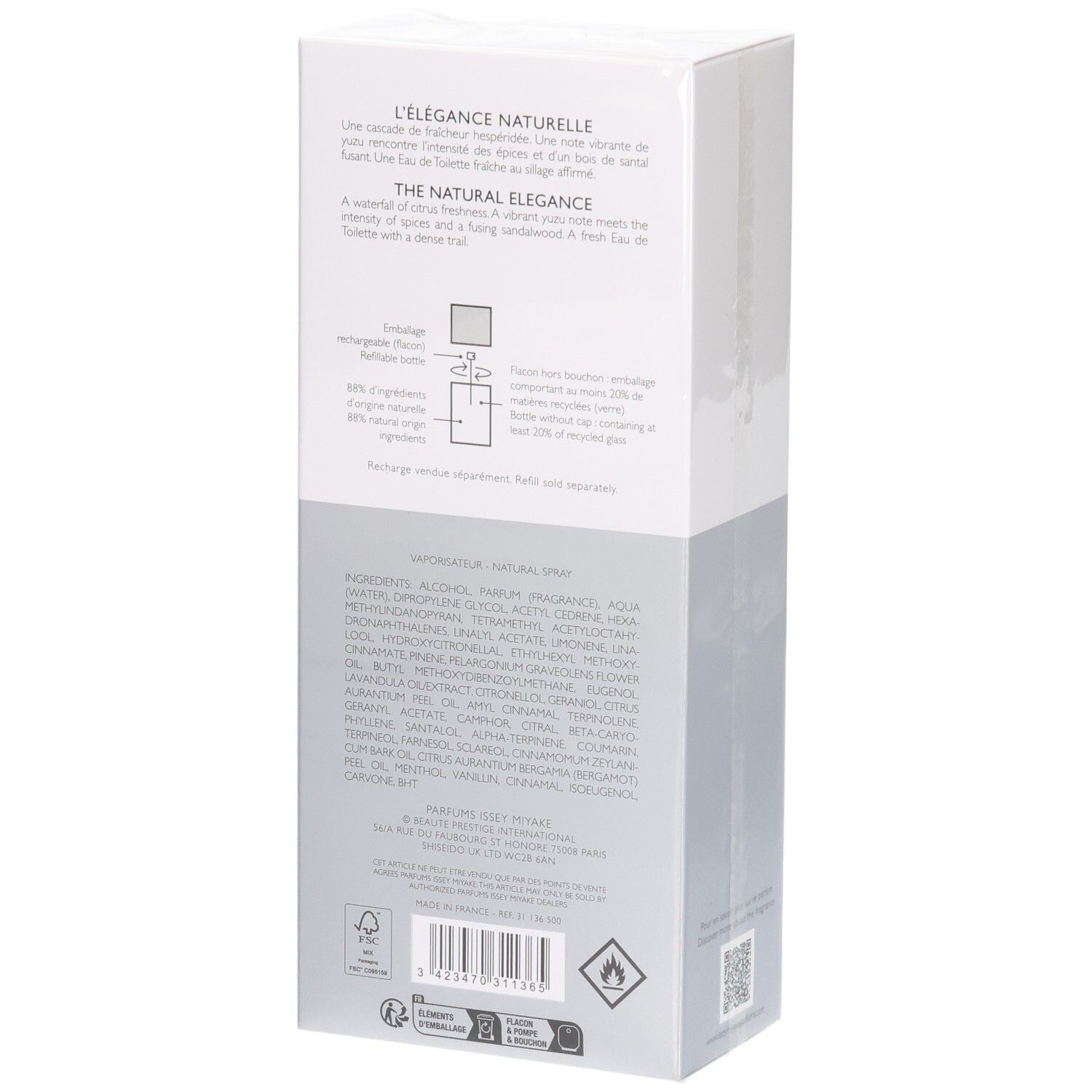 Issey Miyake L'eau D'Issey Pour Homme Eau De Toilette Spray 125ml Karton, Seite mit Inhaltsstoffen.