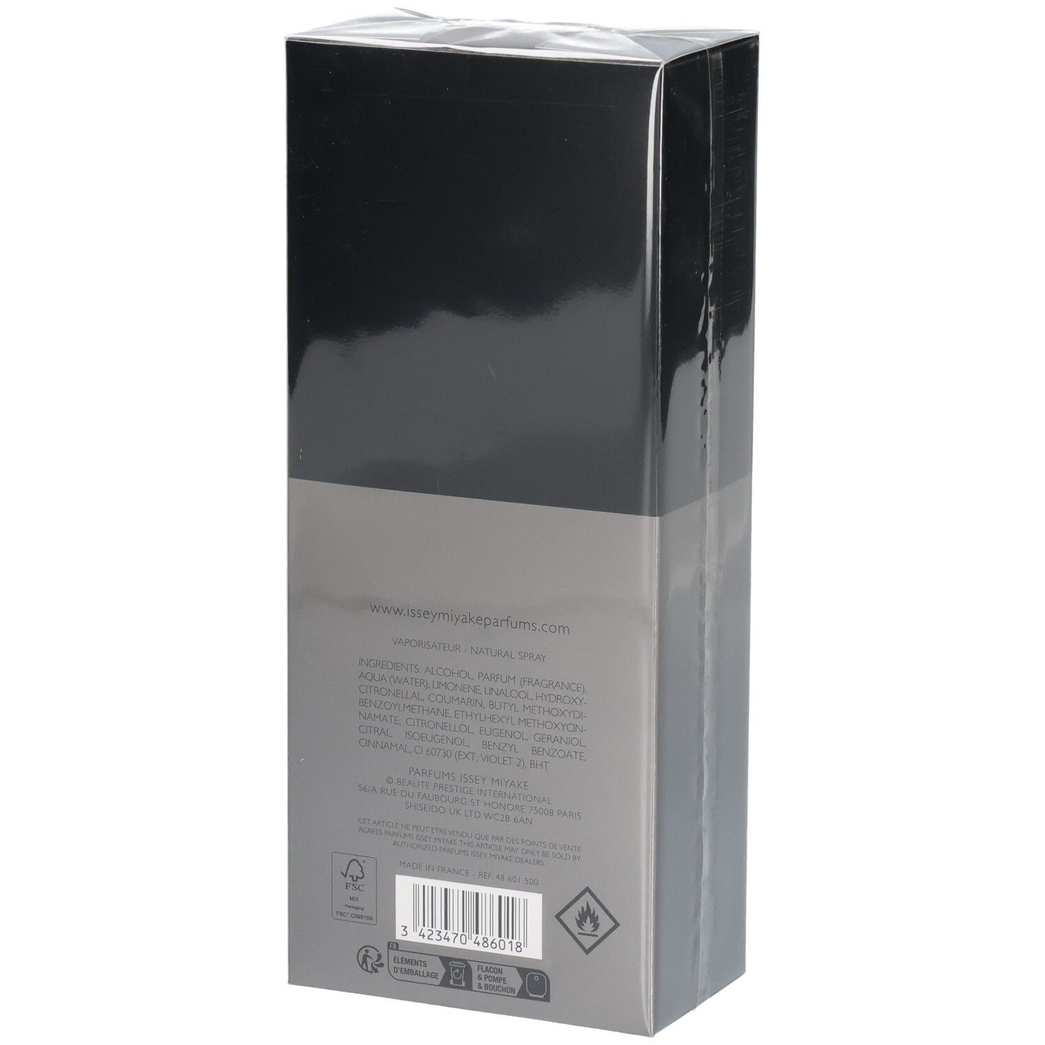 Rückseite der Issey Miyake L'Eau d'Issey Pour Homme Intense Eau de Toilette Karton.