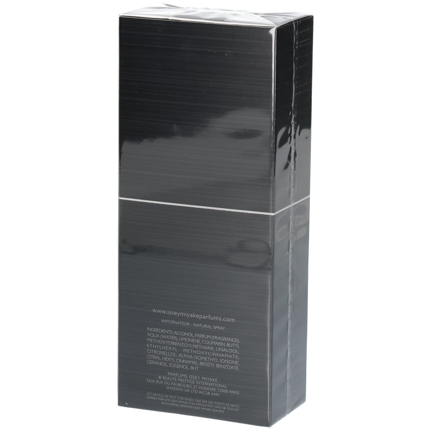 Issey Miyake Nuit d'Issey Parfum Karton, schwarz, mit Text.