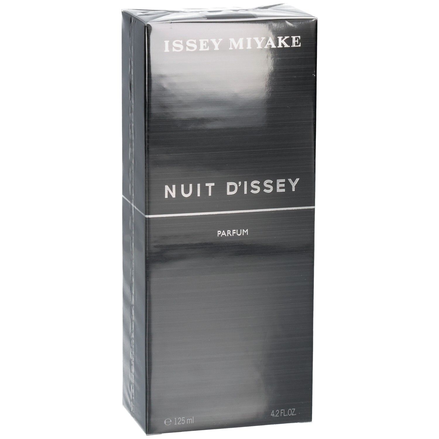 Issey Miyake Nuit d'Issey Parfum Karton, schwarz, mit Text.