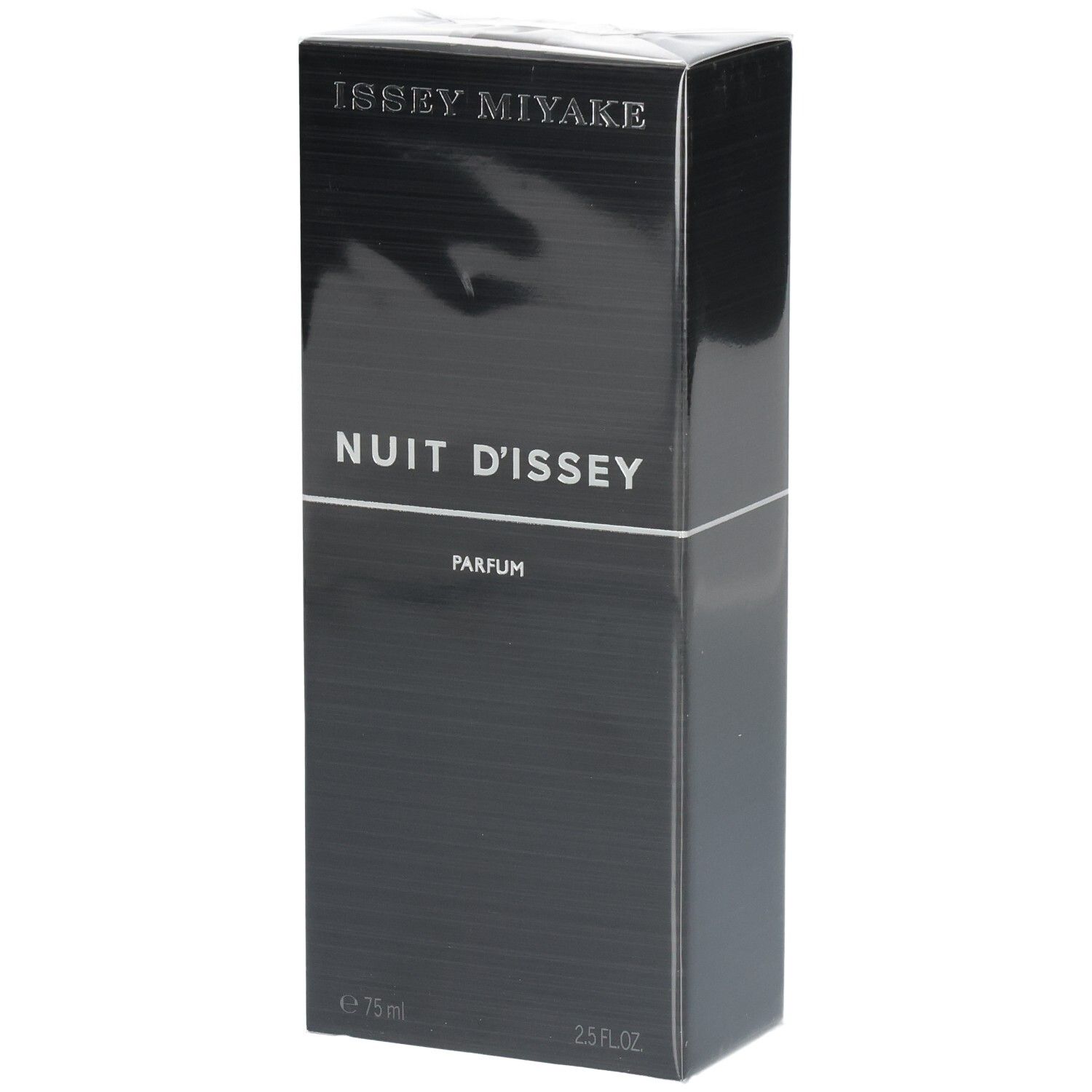 Issey Miyake Nuit d'Issey Parfum Karton, schwarz, mit horizontalen Linien.