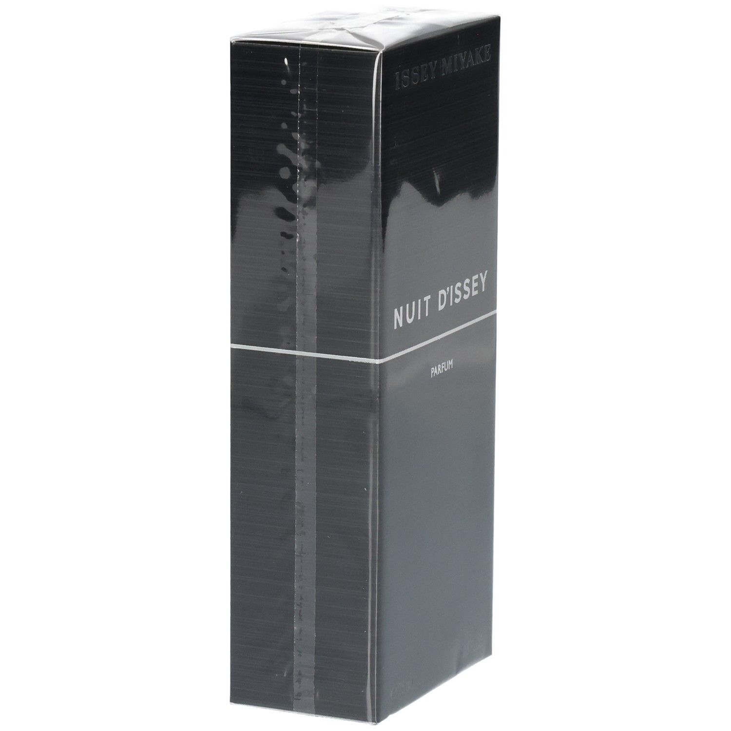 Issey Miyake Nuit d'Issey Parfum Karton, schwarz, seitliche Ansicht.
