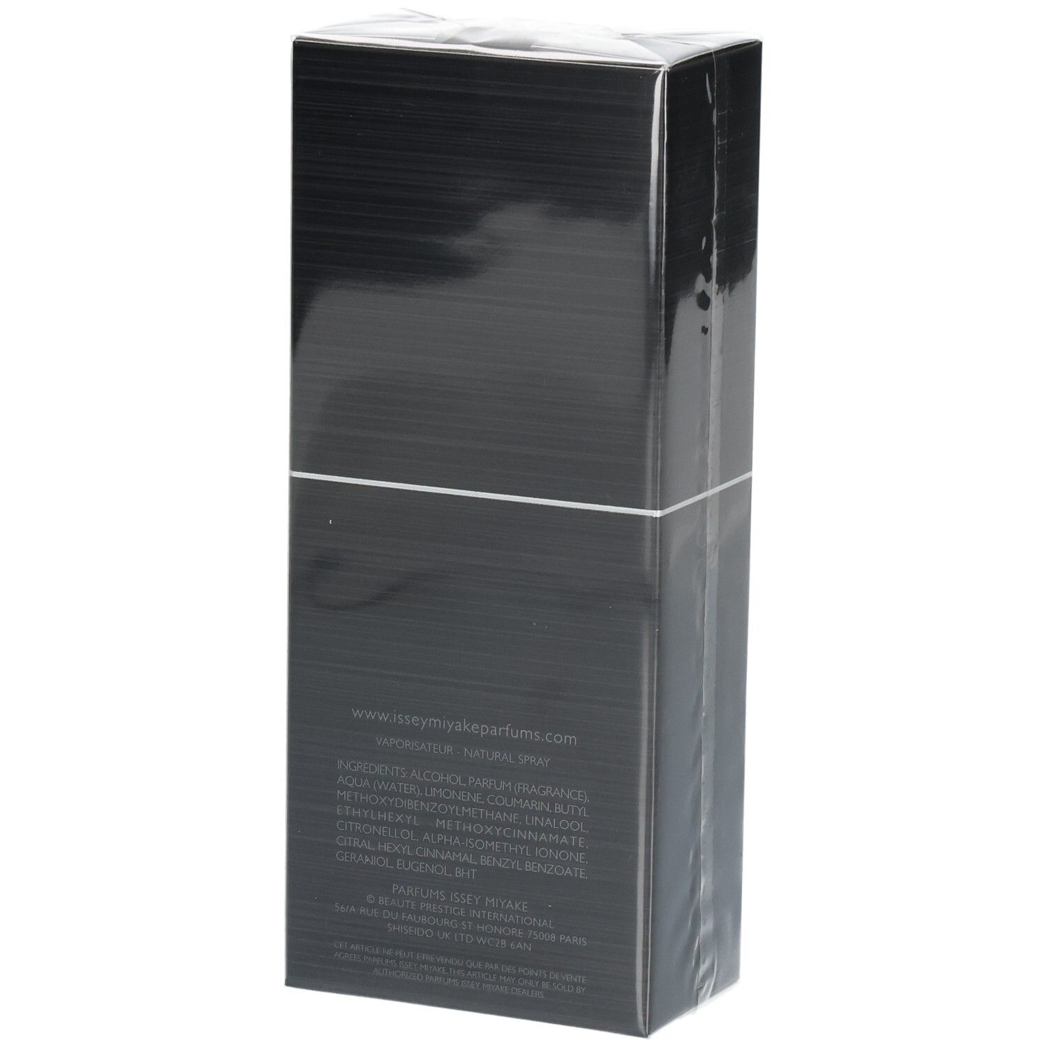 Rückseite des Issey Miyake Nuit d'Issey Parfum Kartons mit Inhaltsstoffen.