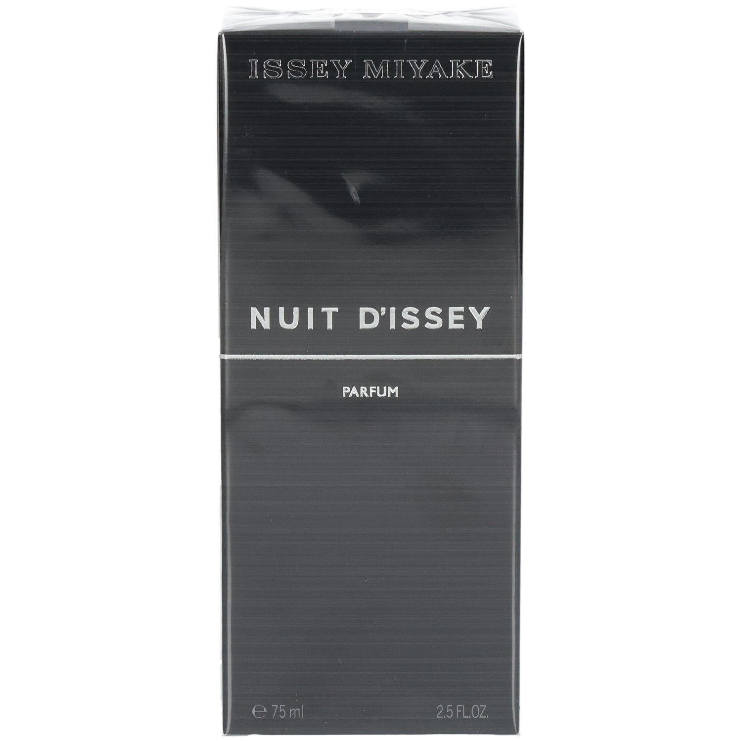 Issey Miyake Nuit d'Issey Parfum Karton, schwarz, mit horizontalen Linien.