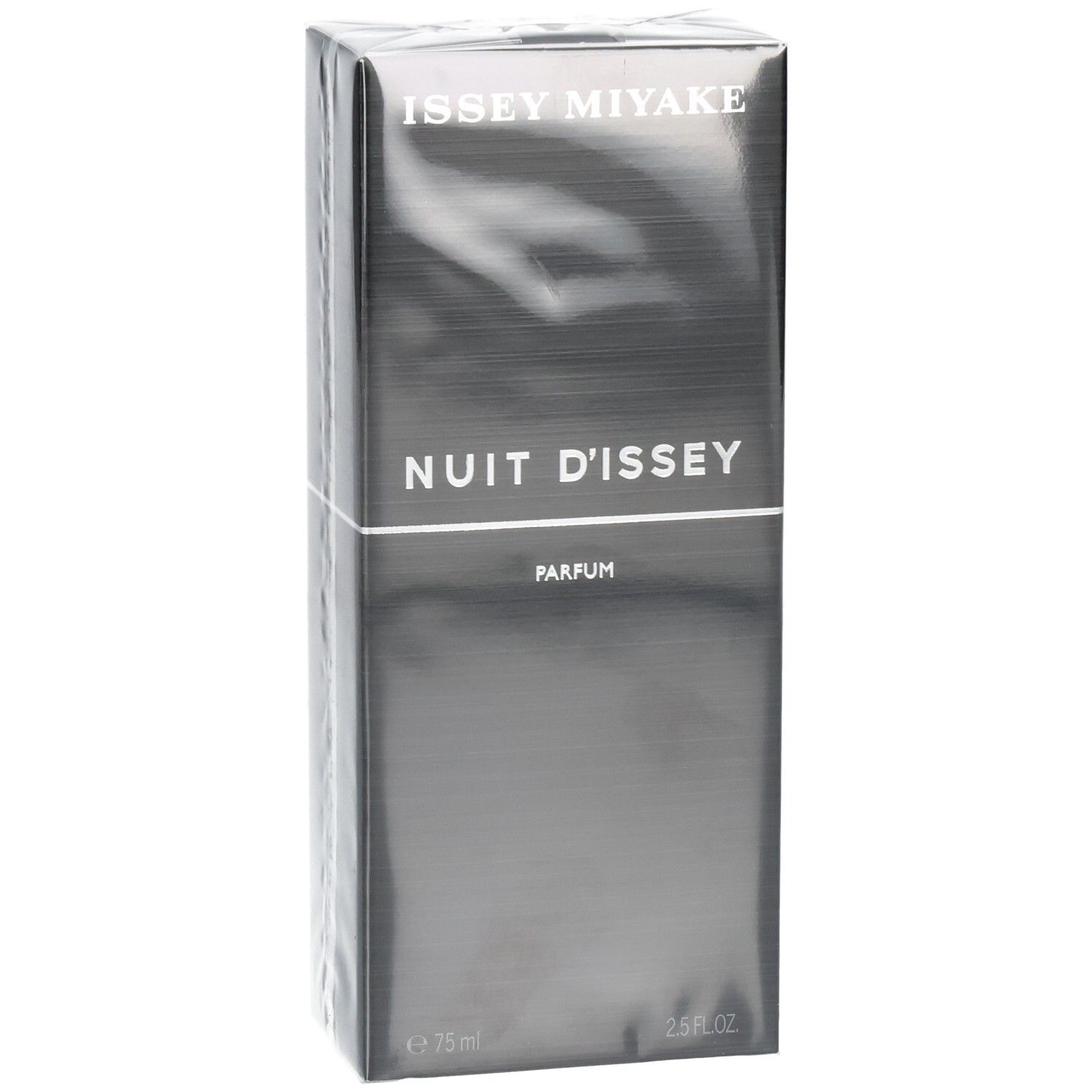 Issey Miyake Nuit d'Issey Parfum Karton, schwarz, seitliche Ansicht.