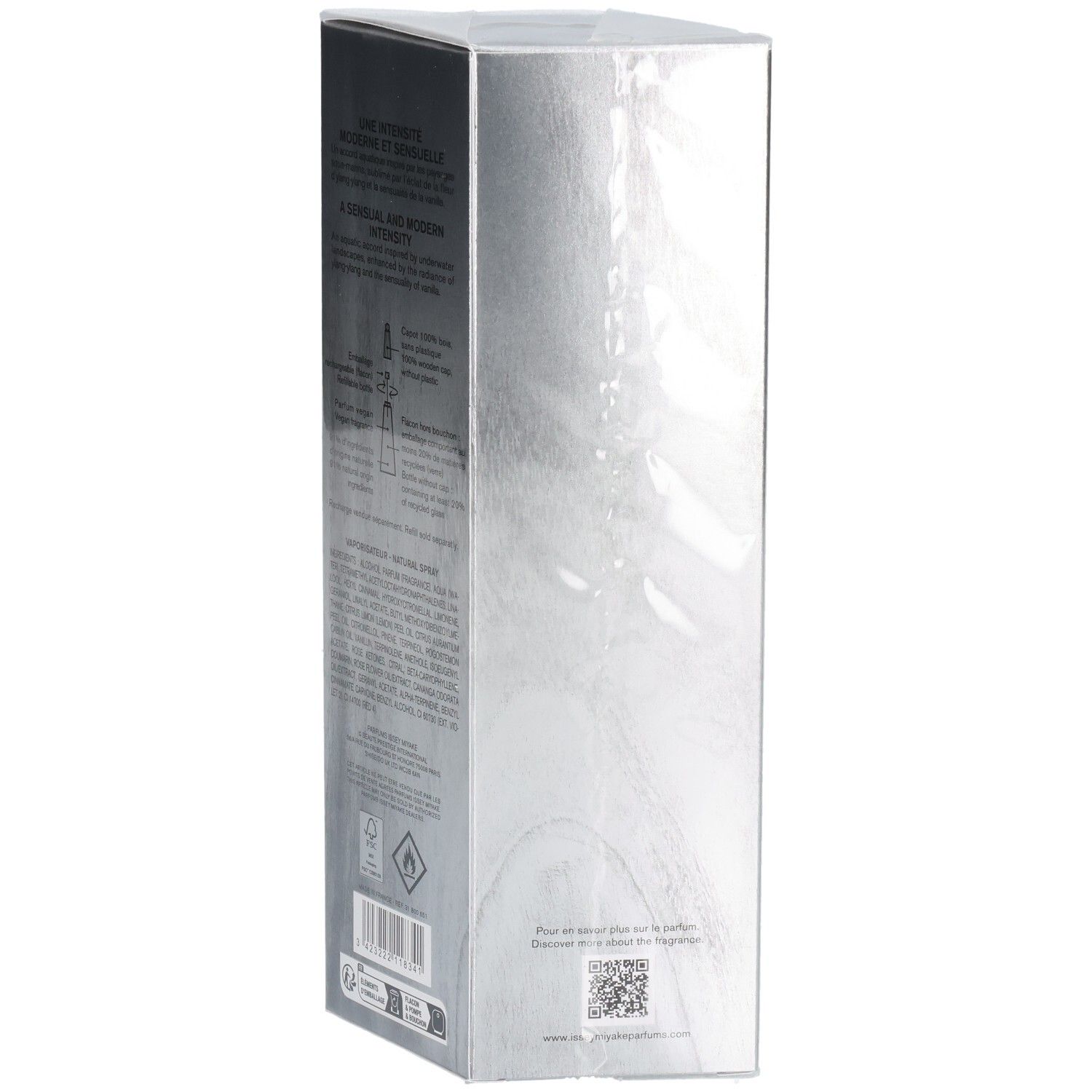 Issey Miyake L'Eau d'Issey Eau de Parfum Intense, silberne Verpackung mit Produktinformationen.