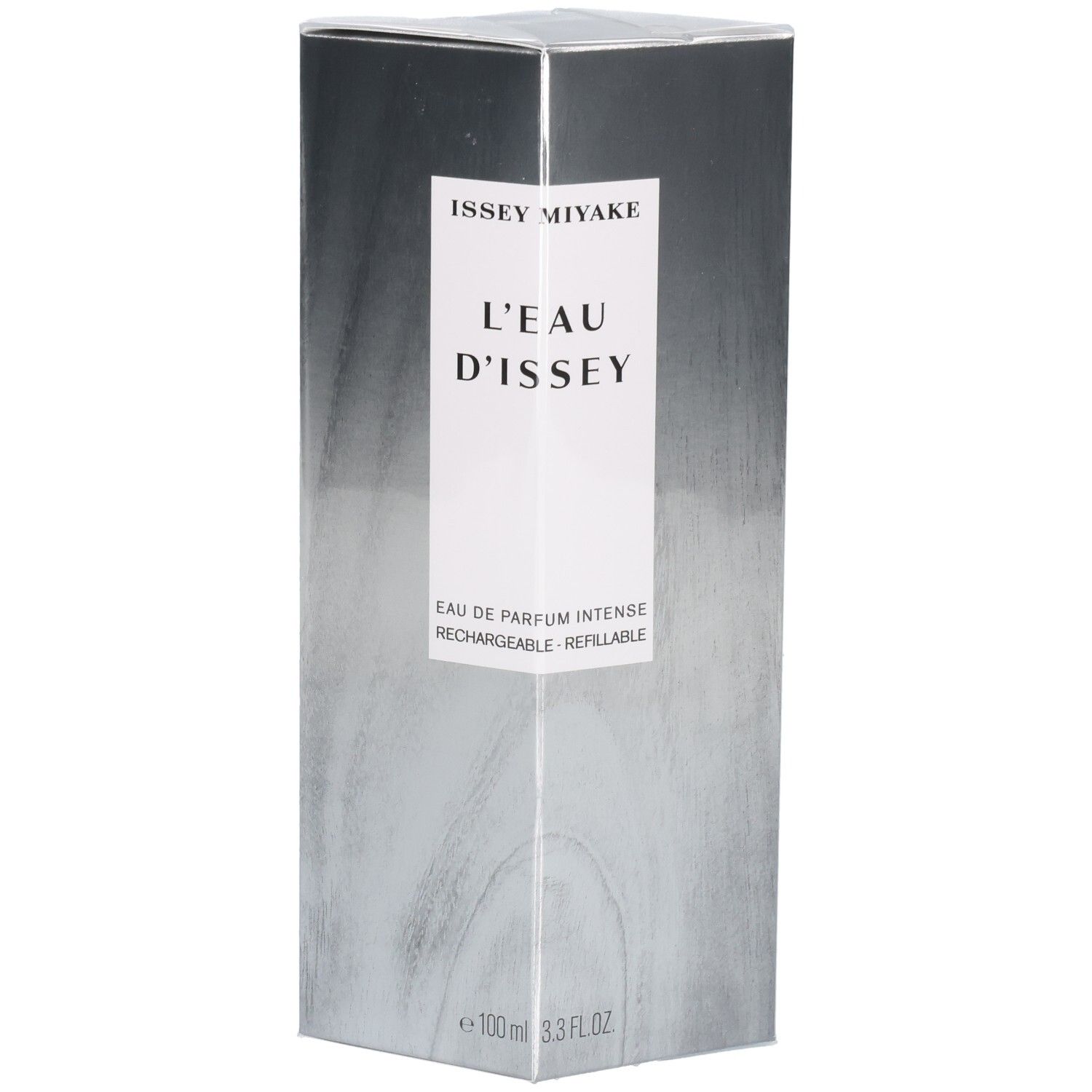 Issey Miyake L'Eau d'Issey Eau de Parfum Intense, 100ml, silberne Verpackung.