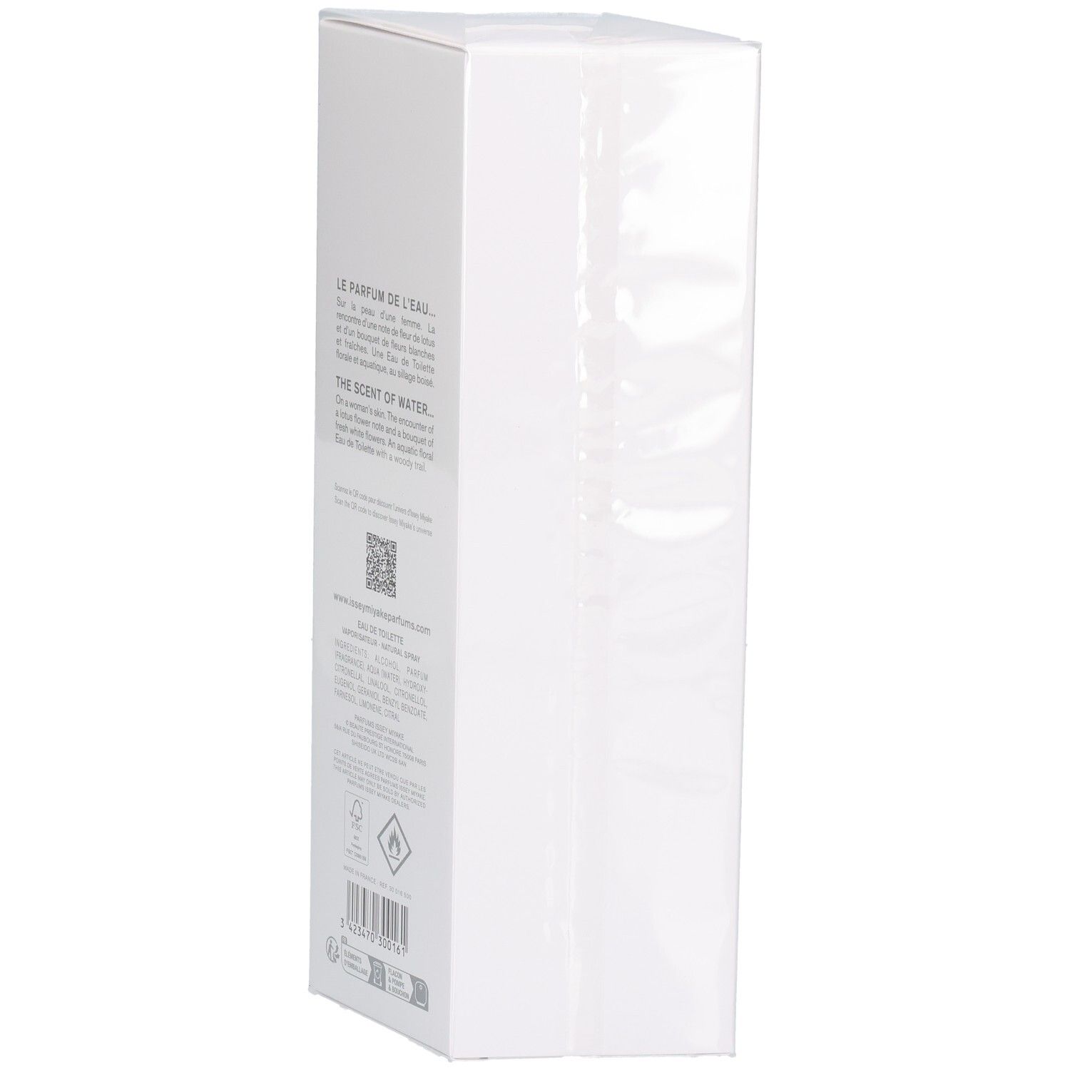 Rückseite der Issey Miyake L'eau D'issey Eau de Toilette Spray Verpackung mit Text.