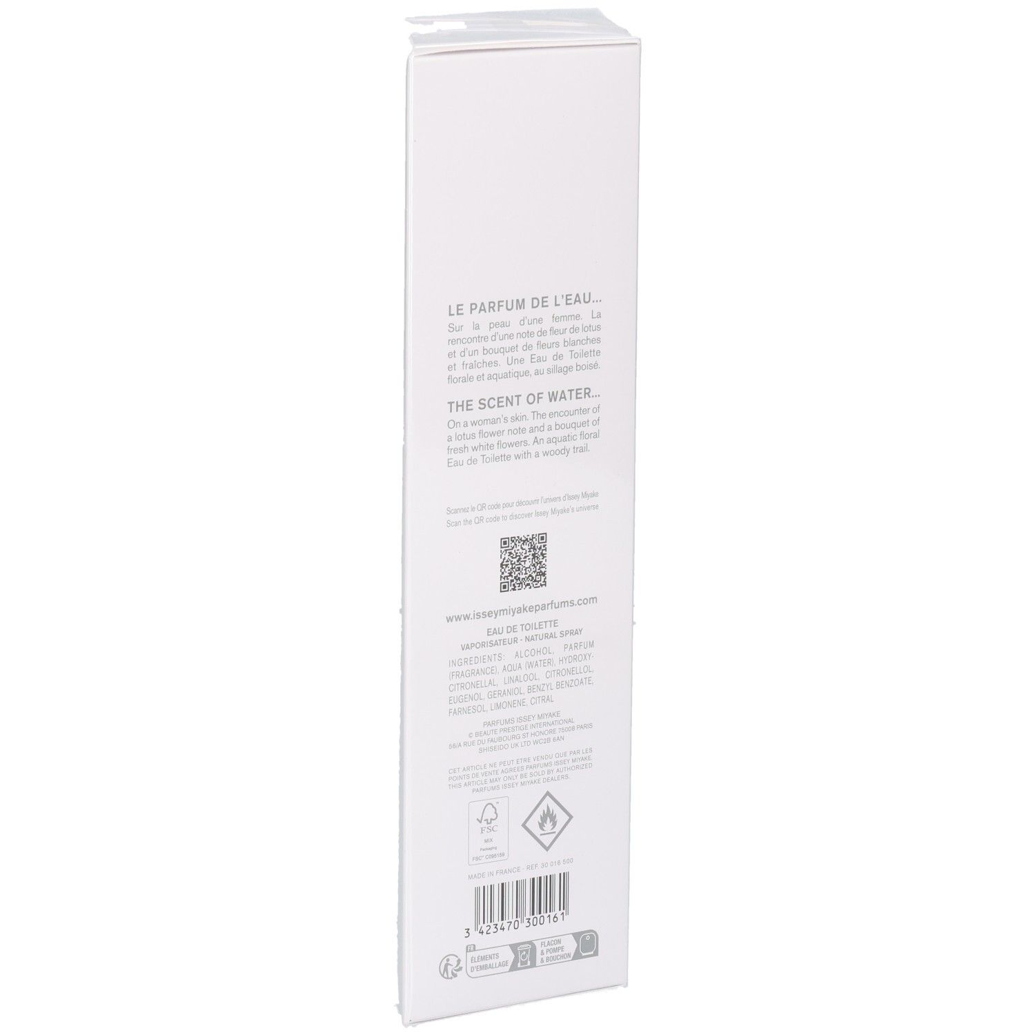 Rückseite der Issey Miyake L'eau D'issey Eau de Toilette Spray Verpackung mit Text.