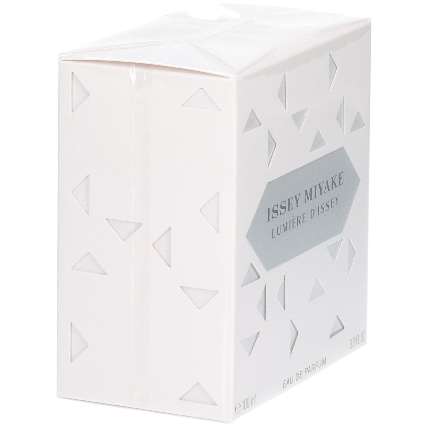 Issey Miyake Lumière d'Issey Eau de Parfum Verpackung, Seitenansicht, weiß mit geometrischen Dreiecken.