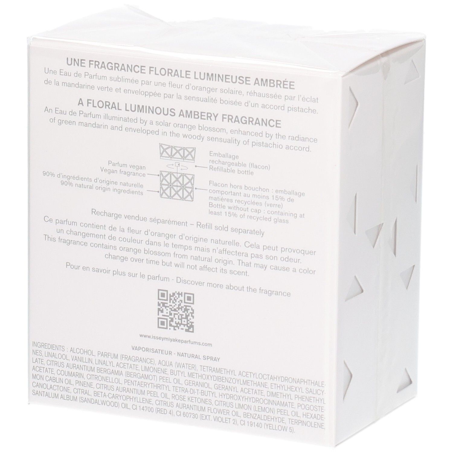 Rückseite der Issey Miyake Lumière d'Issey Eau de Parfum Verpackung mit Duftbeschreibung und Inhaltsstoffen.