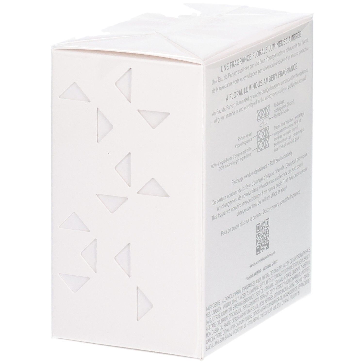 Seitenansicht der Issey Miyake Lumière d'Issey Eau de Parfum Verpackung, weiß mit geometrischen Dreiecken.