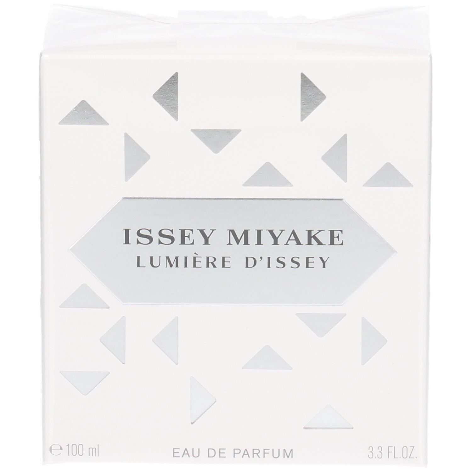 Issey Miyake Lumière d'Issey Eau de Parfum Verpackung, Vorderseite, weiß mit geometrischen Dreiecken.