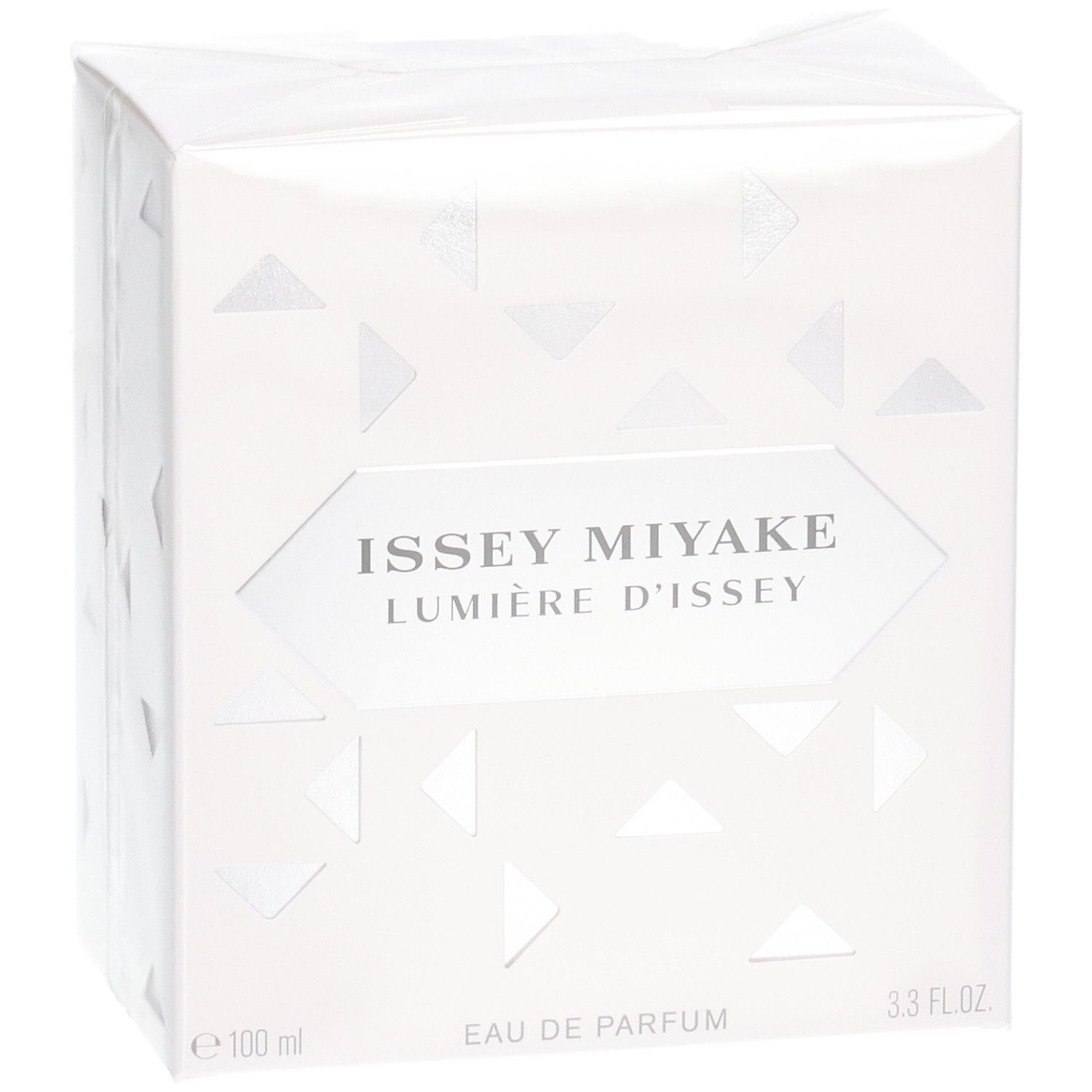 Issey Miyake Lumière d'Issey Eau de Parfum Verpackung, schräg, weiß mit geometrischen Dreiecken.