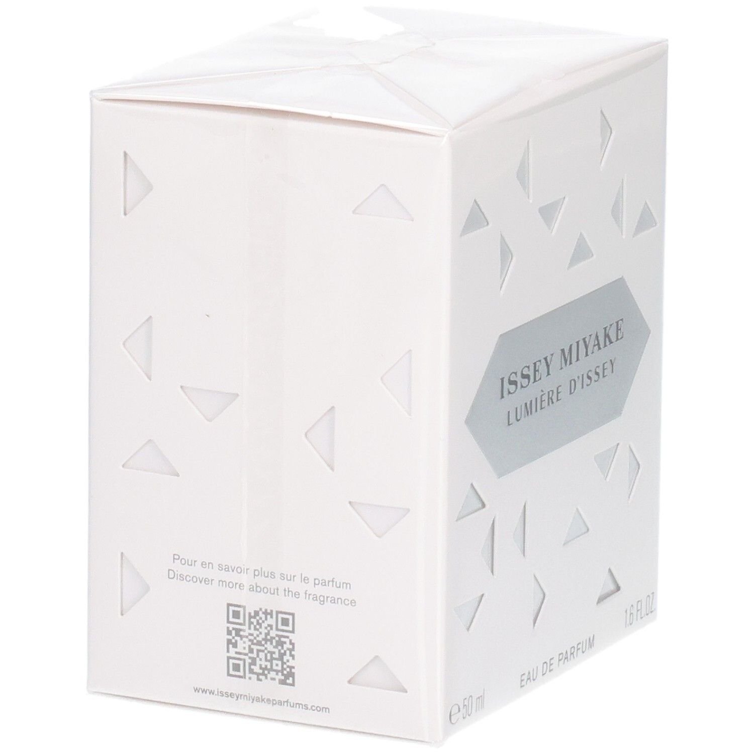 Rückseite der Issey Miyake Lumière d'Issey Eau de Parfum Geschenkbox mit QR-Code und Website-Informationen.