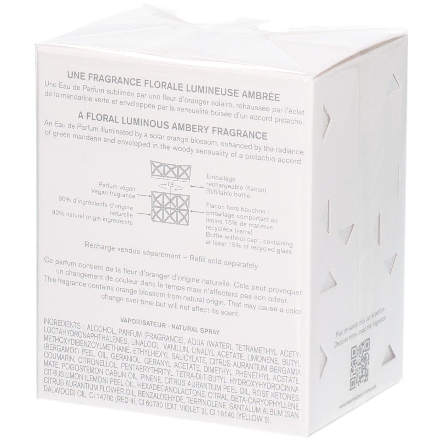 Seite der Issey Miyake Lumière d'Issey Eau de Parfum Geschenkbox mit Produktbeschreibung und Inhaltsstoffen.