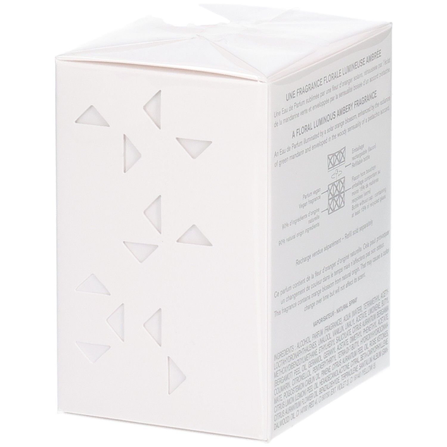 Seitenansicht der Issey Miyake Lumière d'Issey Eau de Parfum Geschenkbox mit geometrischen Mustern.
