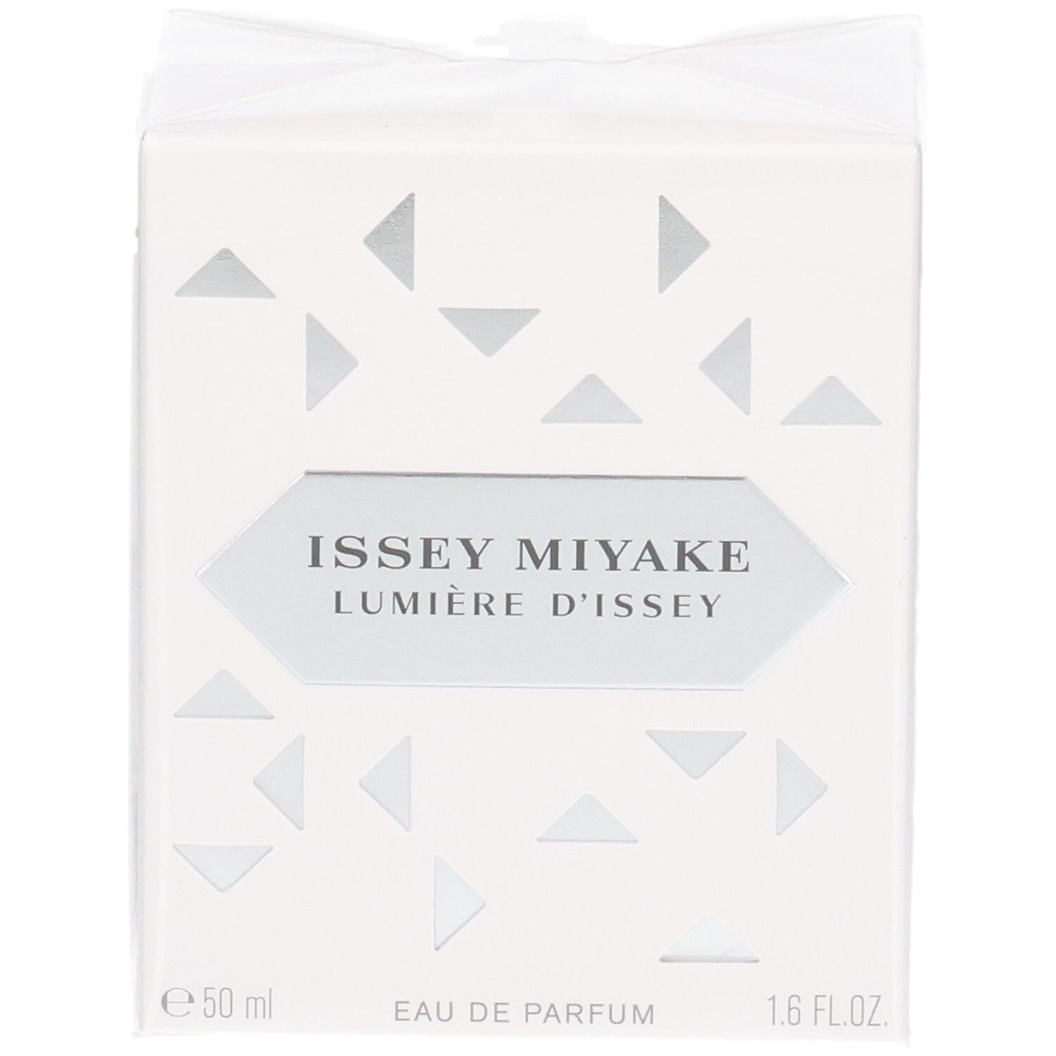 Vorderseite der Issey Miyake Lumière d'Issey Eau de Parfum Geschenkbox, 50 ml, mit silbernem Etikett.