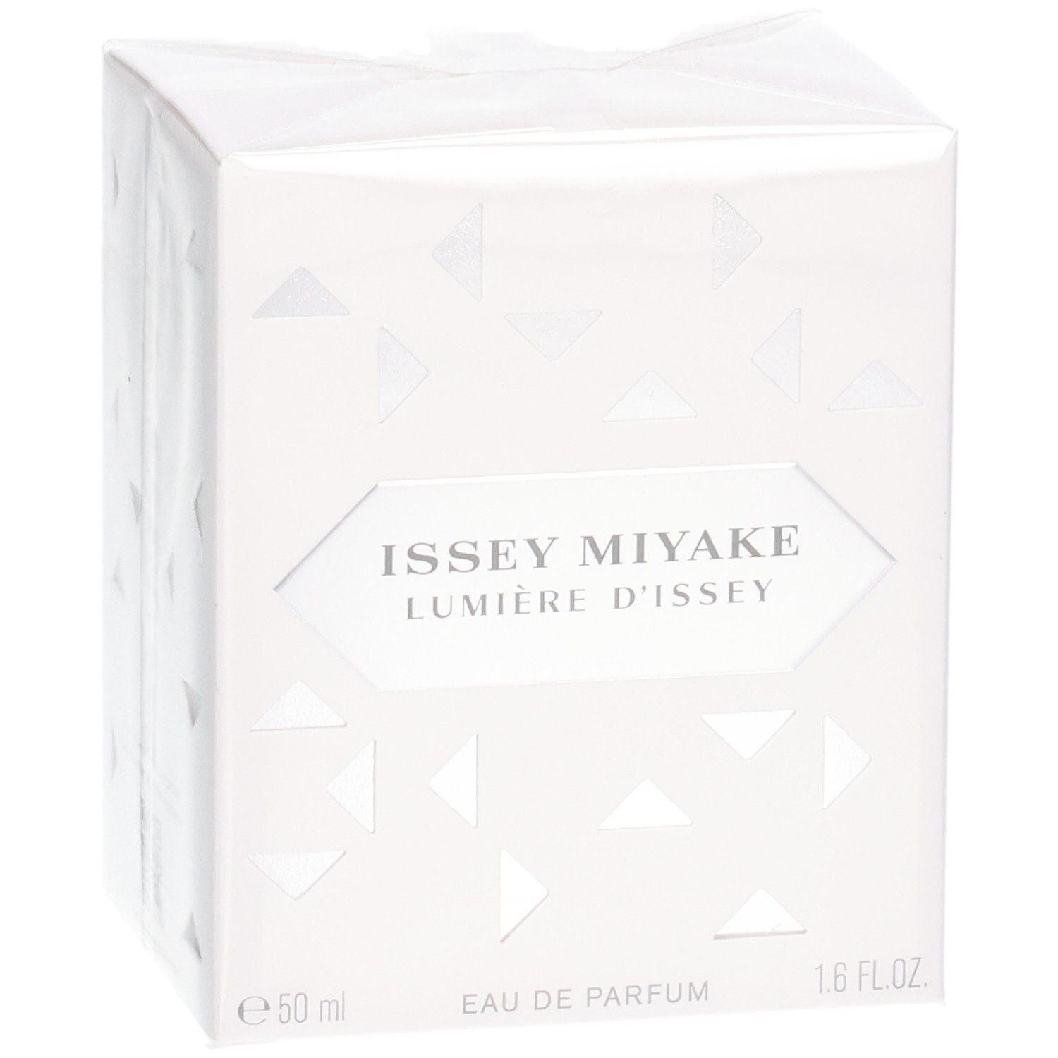 Issey Miyake Lumière d'Issey Eau de Parfum Geschenkbox, 50 ml, mit silbernem Etikett und geometrischen Dreiecken.
