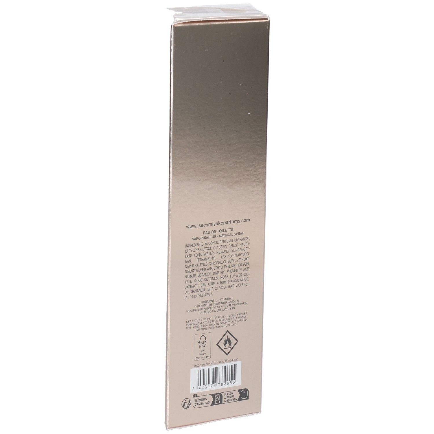 Issey Miyake Nectar d'Issey Petale de Nectar Eau de Toilette Verpackungsrückseite mit Inhaltsstoffen und Symbolen.