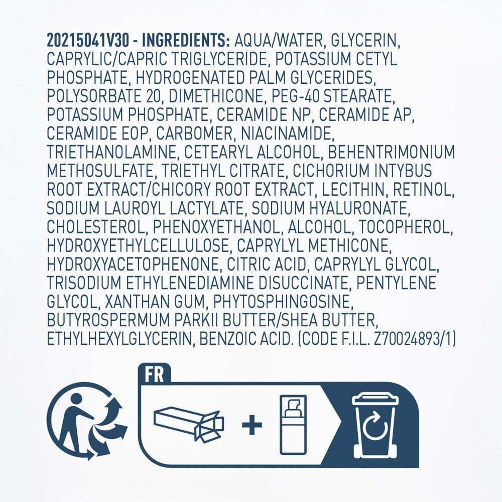 Ingrédients du sérum CeraVe Skin Renewing Retinol. Texte sur fond blanc.