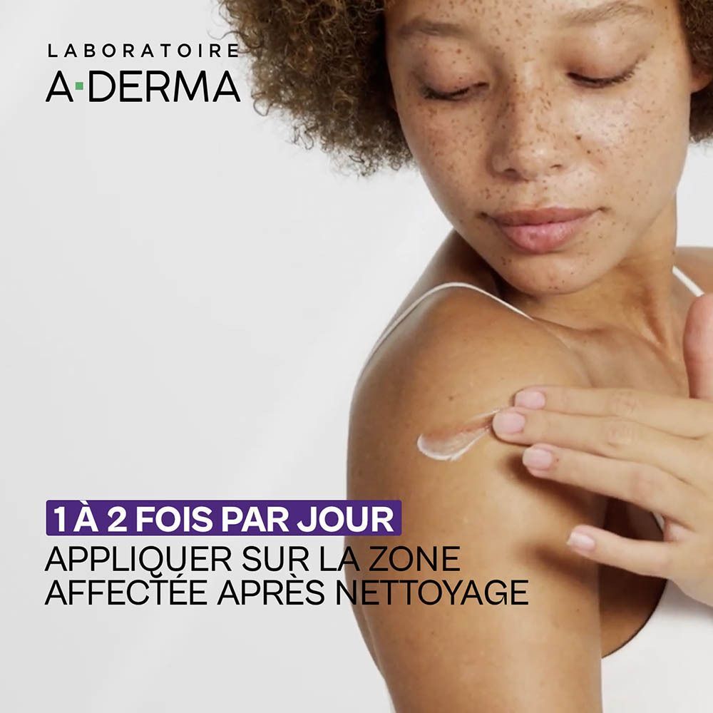 Femme appliquant de la crème sur l'épaule. Texte: 1 à 2 fois par jour appliquer sur la zone affectée.